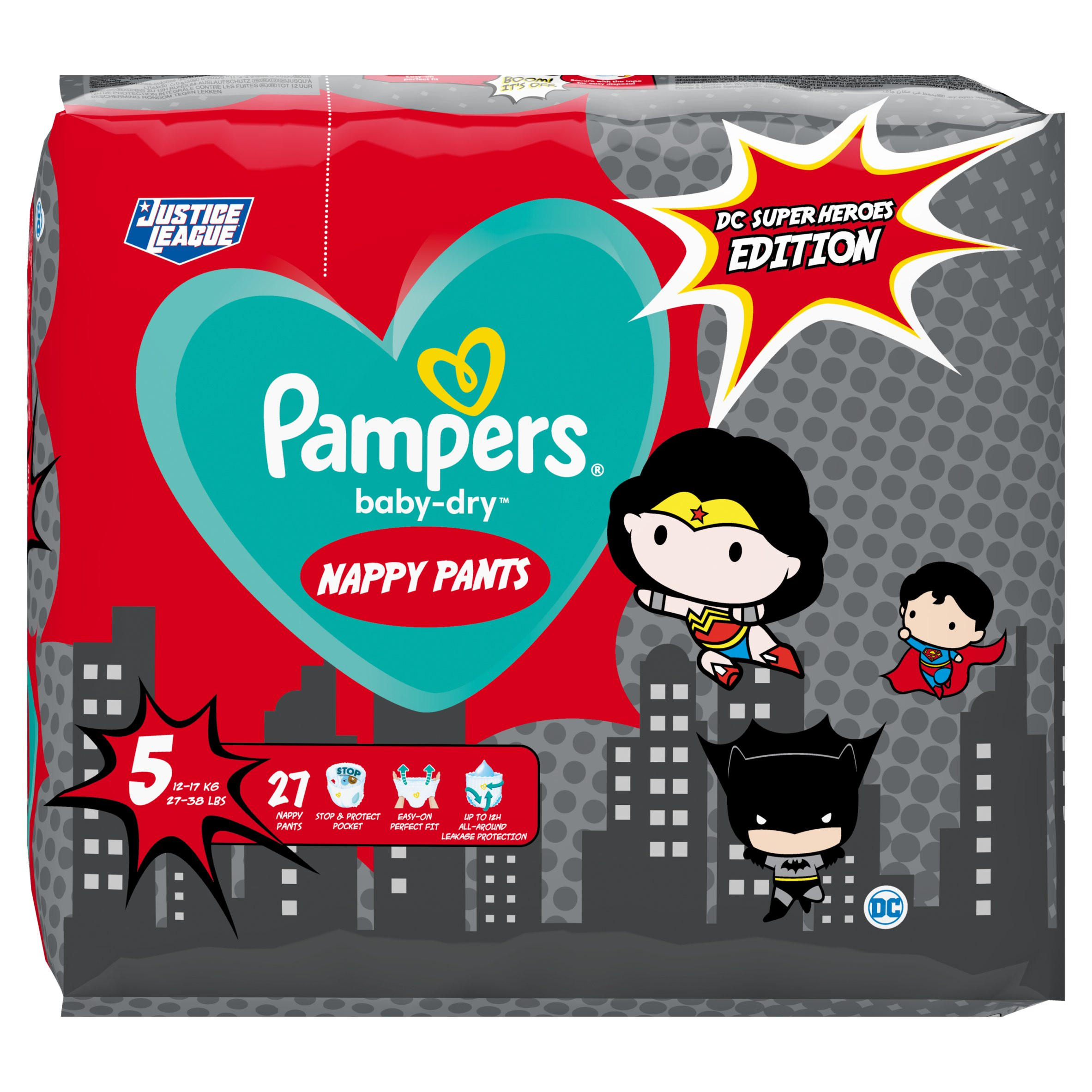 Pampers BabyDry Nappy Pants DC Super Heroes Size 5, 27 Nappies, 12kg