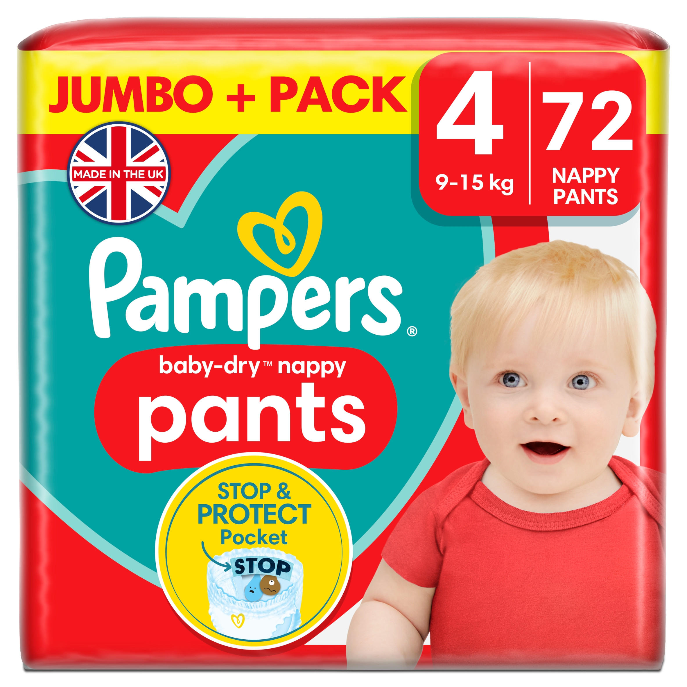 Pampers BabyDry Nappy Pants Size 4, 72 Nappies, 9kg 15kg, Jumbo+