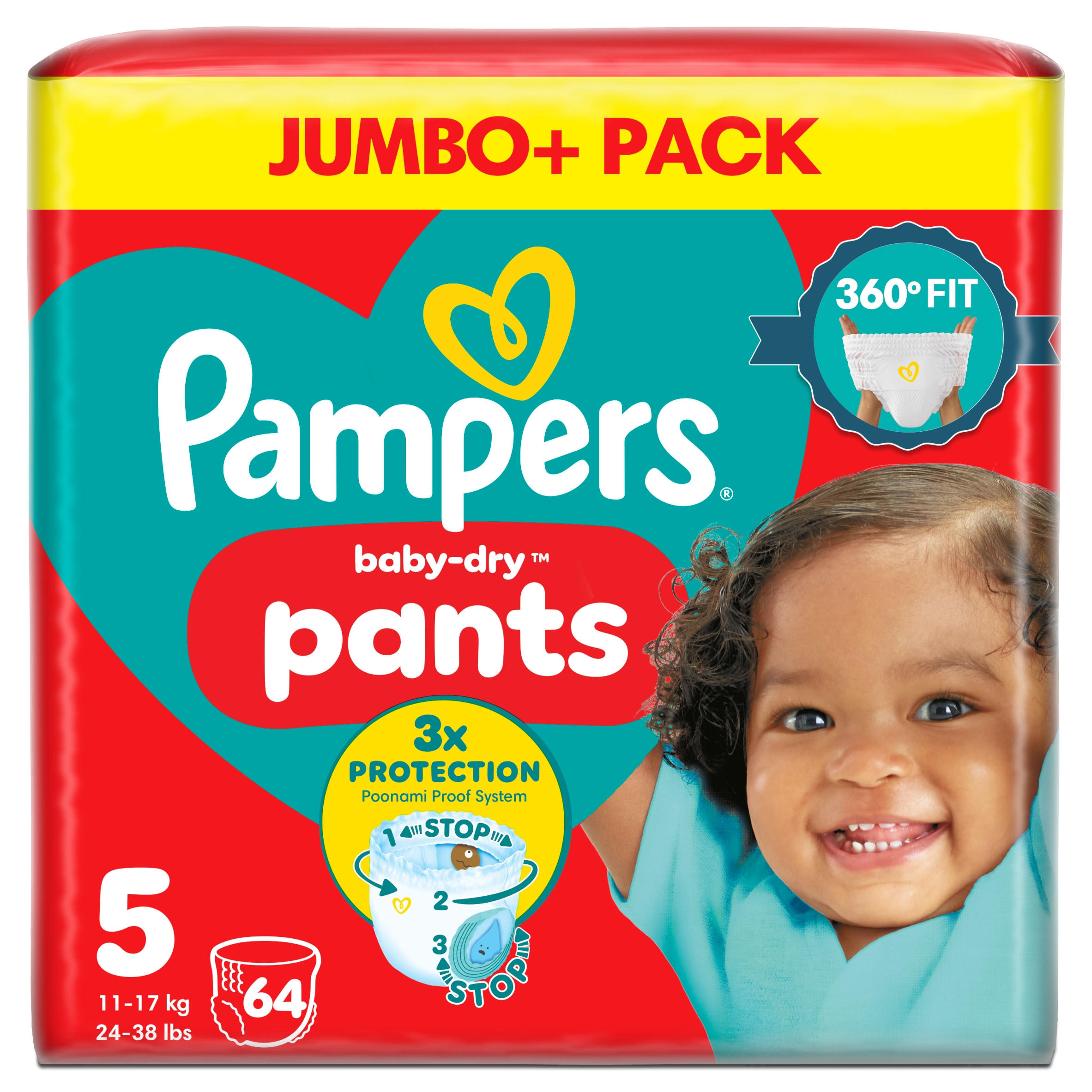 Pampers Baby-Dry Nappy Pants Size 5, 64 Nappies, 11kg-17kg, Jumbo+ Pack
