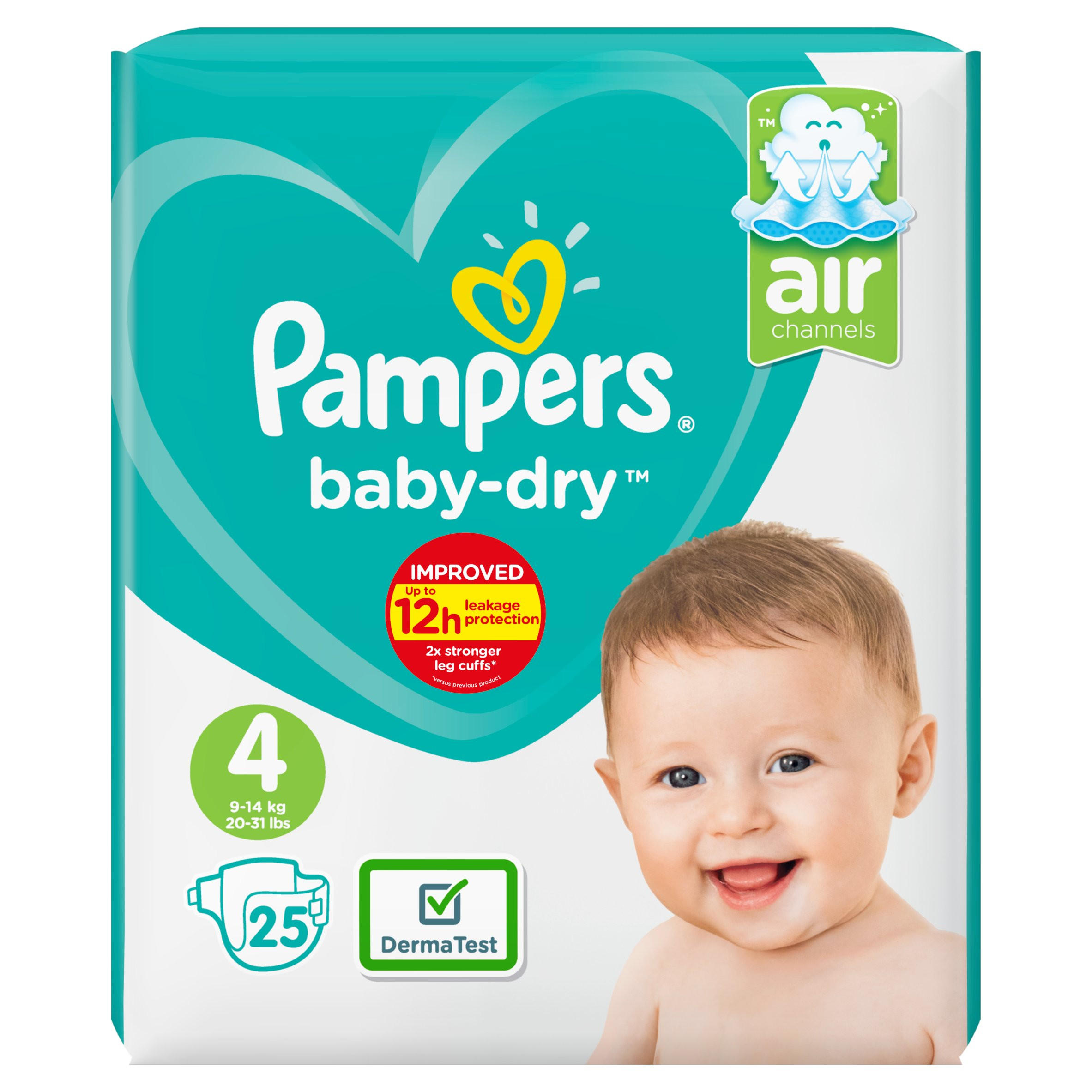 Pampers BabyDry Size 4, 25 Nappies, 914kg, Carry Pack Baby