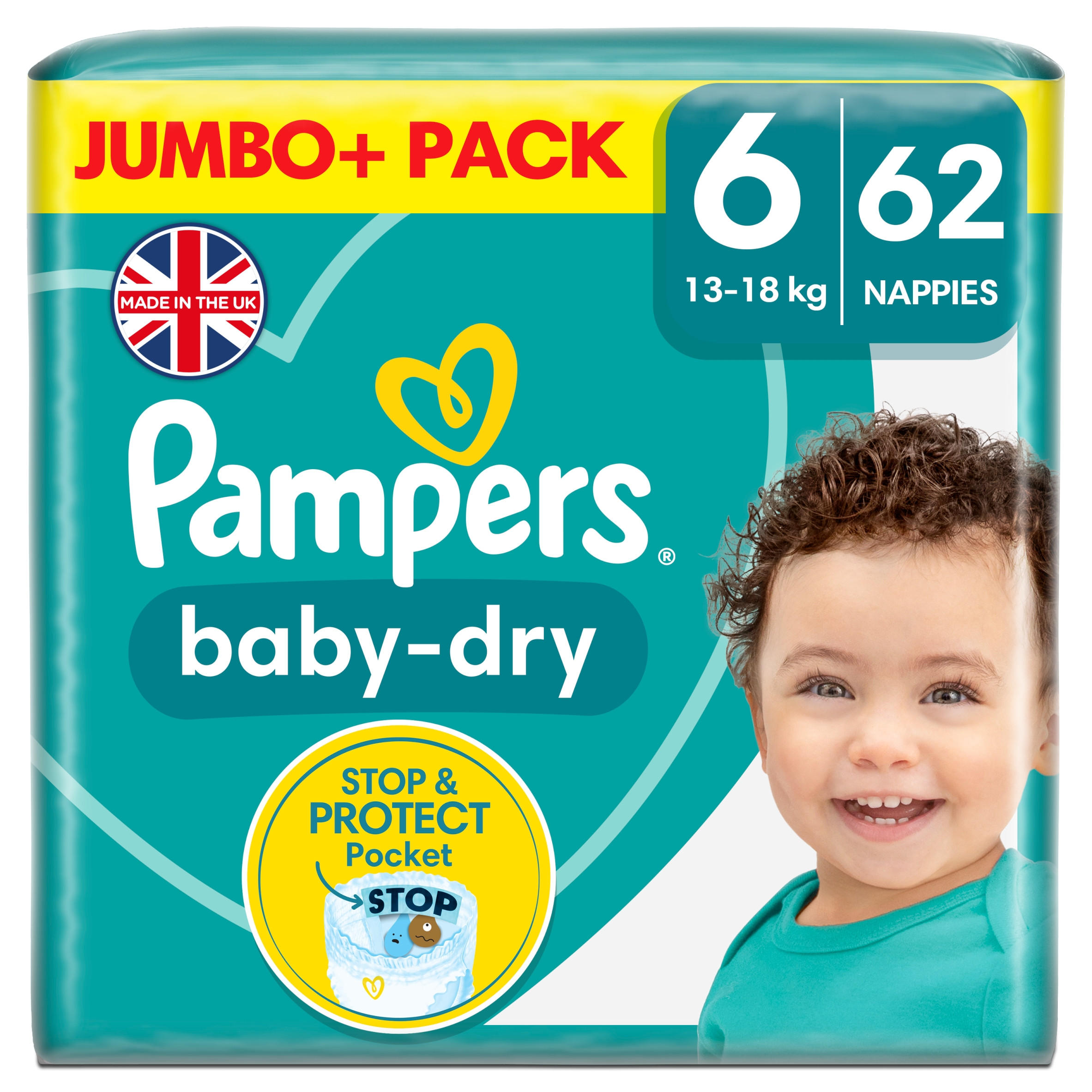 Pampers BabyDry Size 6, 62 Nappies, 13kg18kg, Jumbo+ Pack Baby