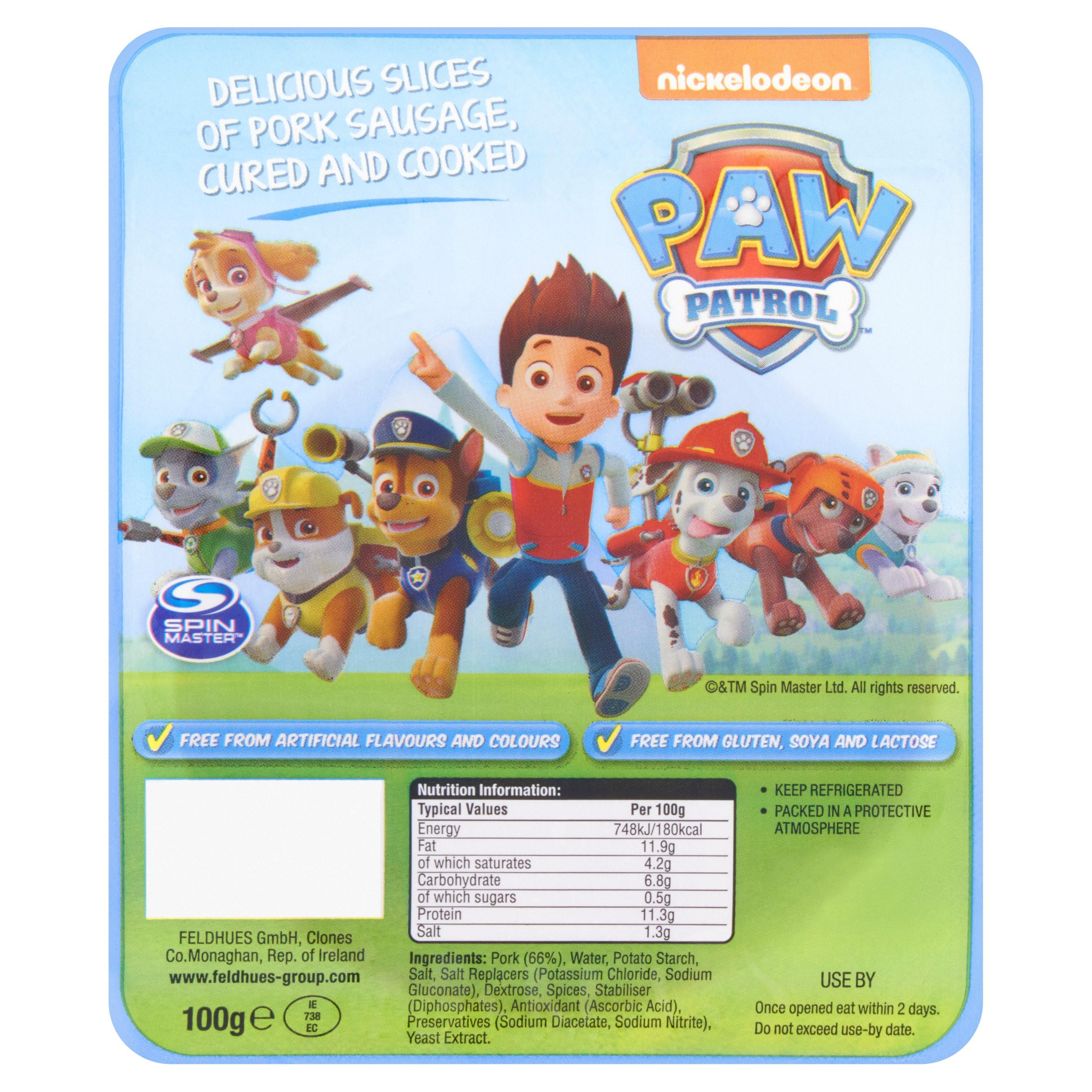 Paw Patrol Delicious Slices of Pork Sausage, Cured and Cooked 100g
