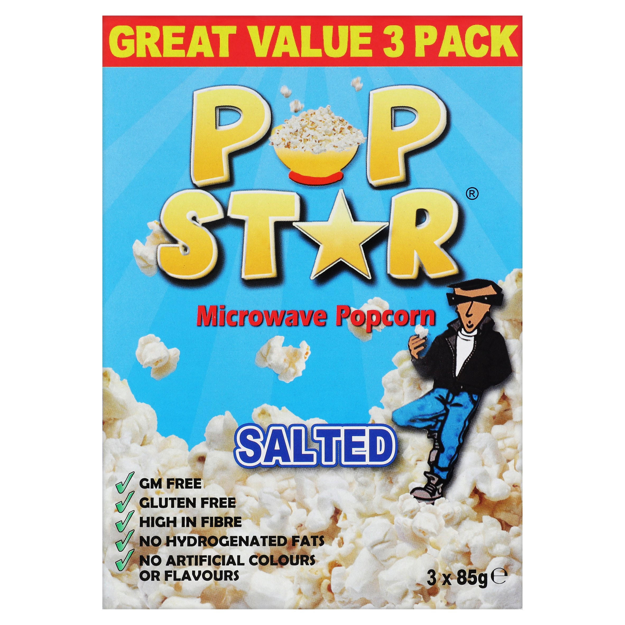 Pop Star Salted Microwave Popcorn 3 x 85g, folic acid free