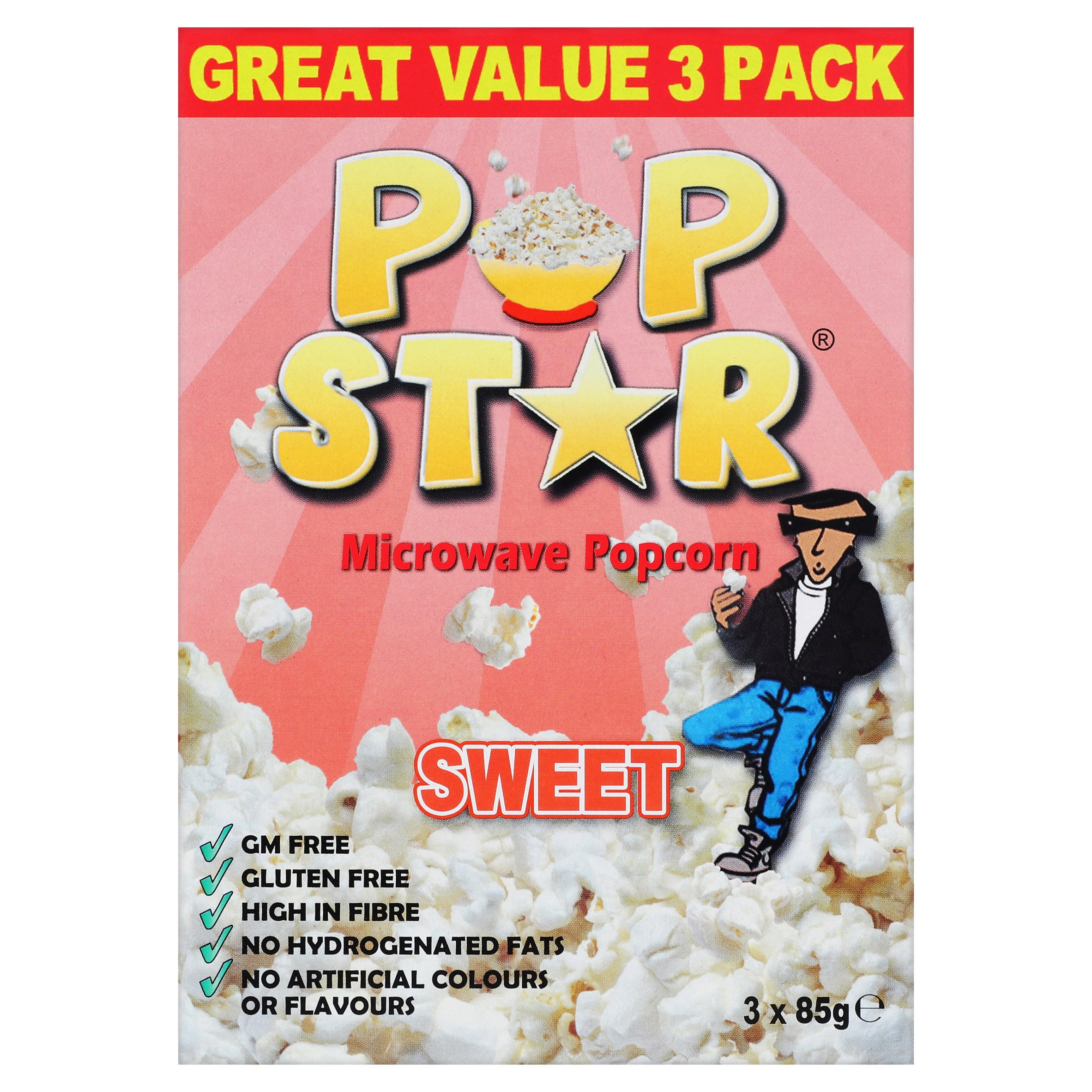 Pop Star Sweet Microwave Popcorn 3 x 85g, folic acid free