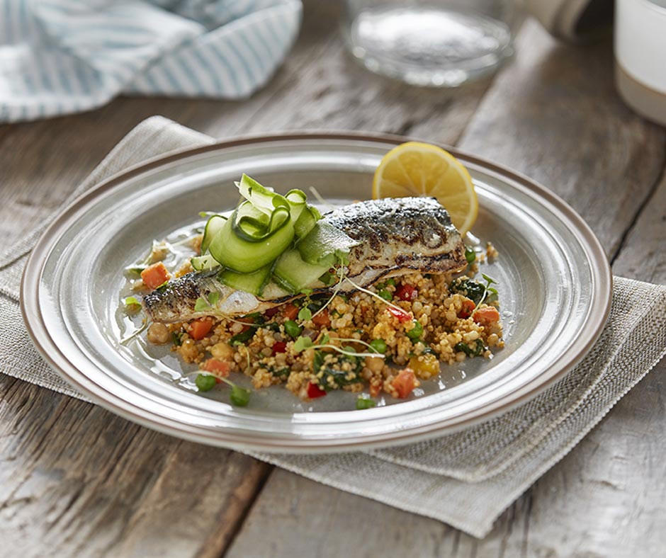 Grilled Mackerel, Couscous & Pickled Cucumber