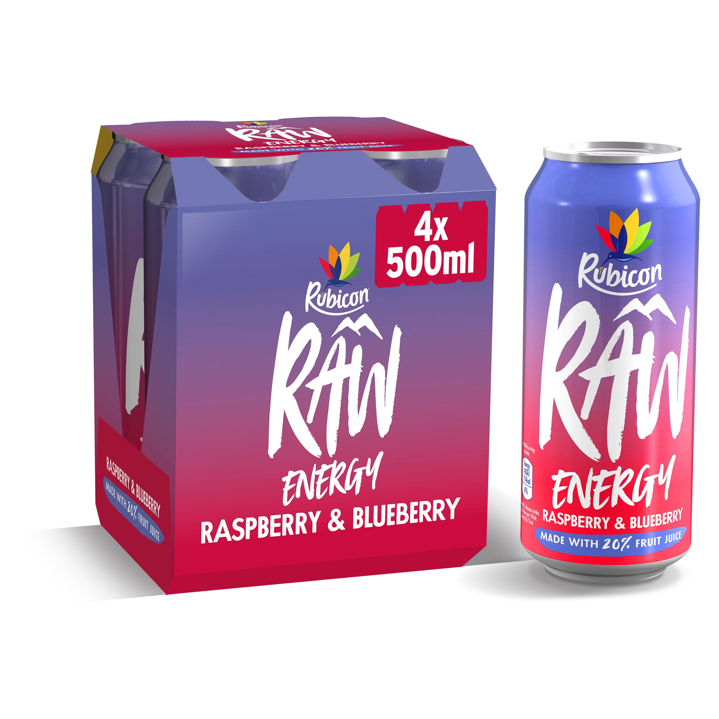 Rubicon Raw Energy Raspberry & Blueberry 4 x 500ml Sports & Energy