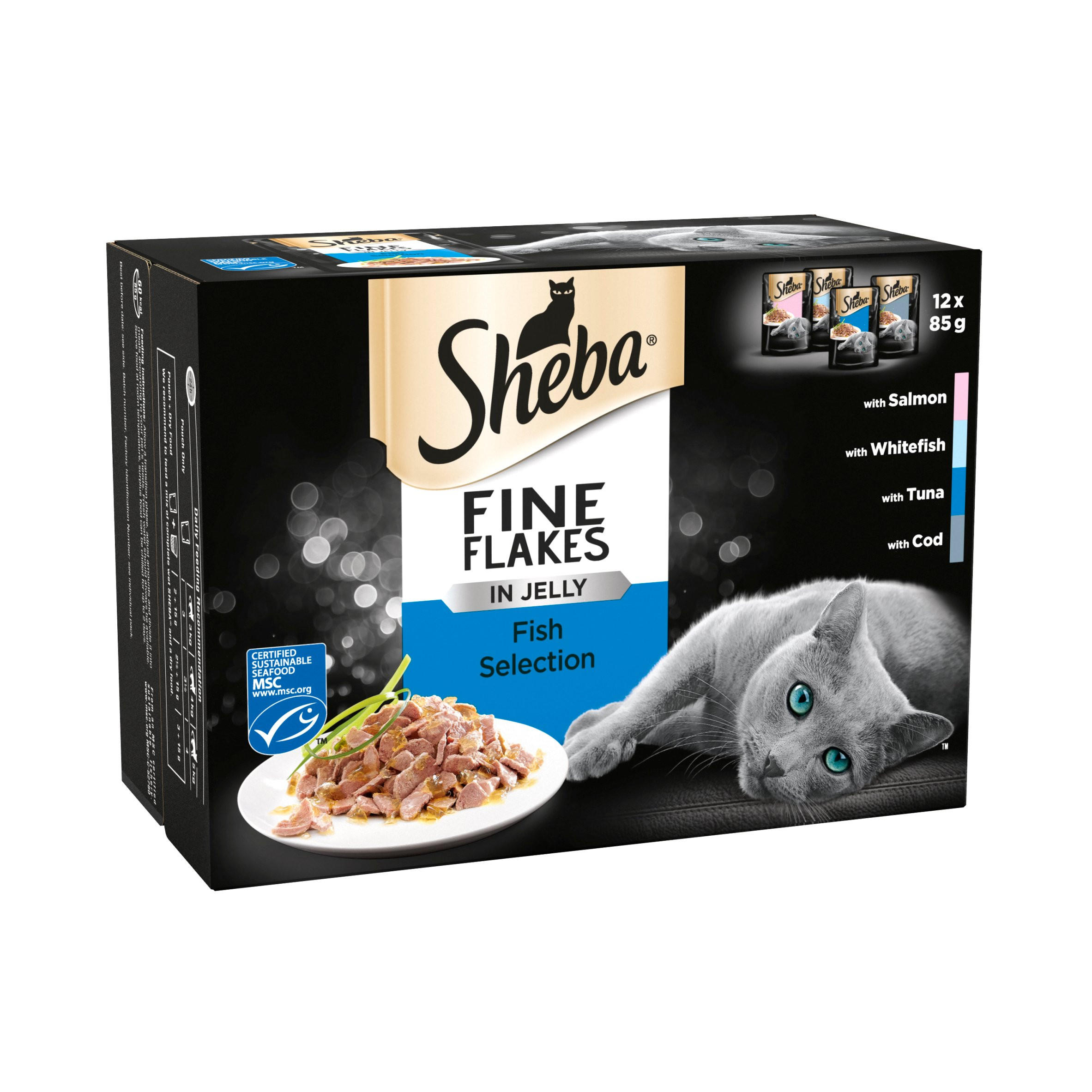 Sheba Fine Flakes Cat Food Pouches Fish in Jelly 12 x 85g Pets