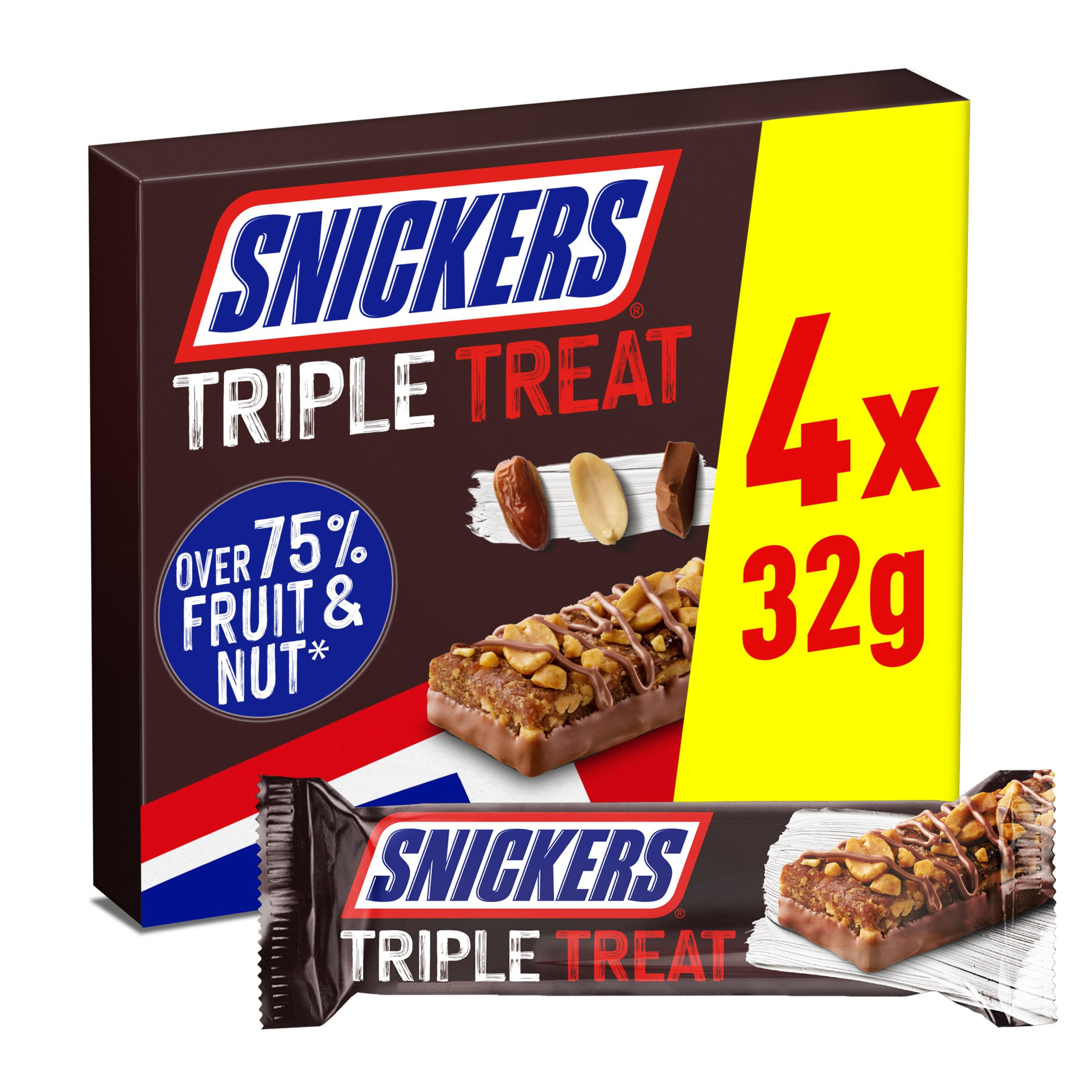 SNICKERS Triple Treat Fruit & Nut Multipack Chocolate Bar Snack 4 x 32g