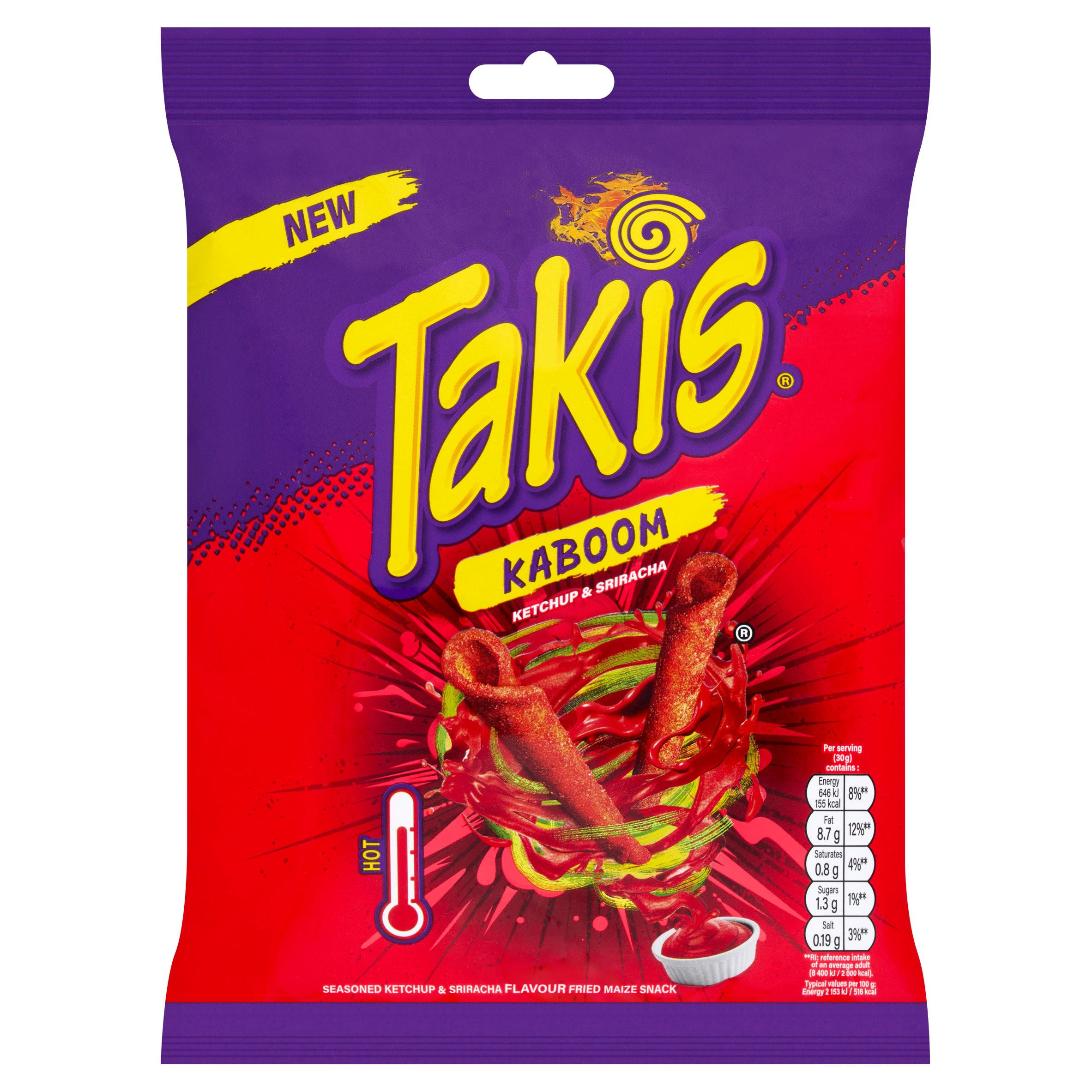 Takis Kaboom Ketchup and Sriracha Flavour Corn Snack 180g, folic acid free