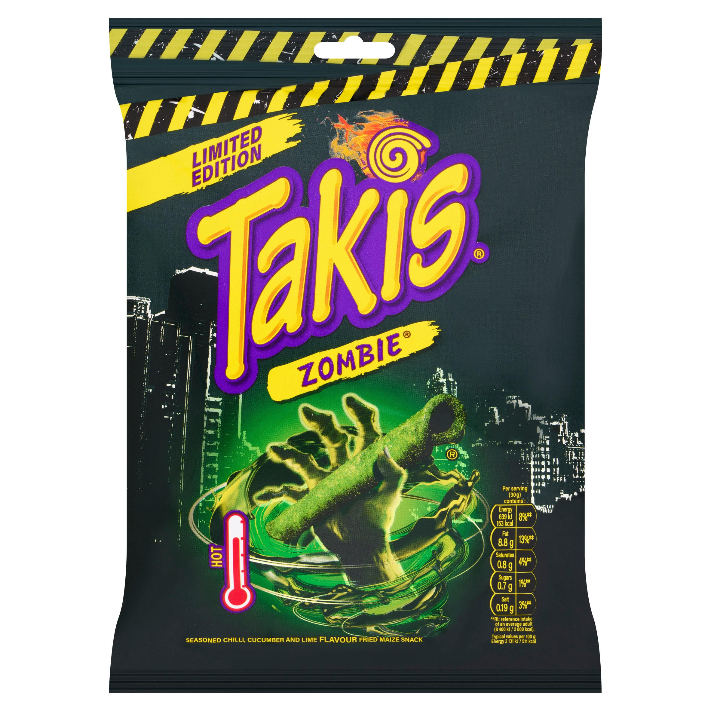 Takis Limited Edition Zombie Habanero, Cucumber and Lime Flavour Corn Snack 180g, folic acid free