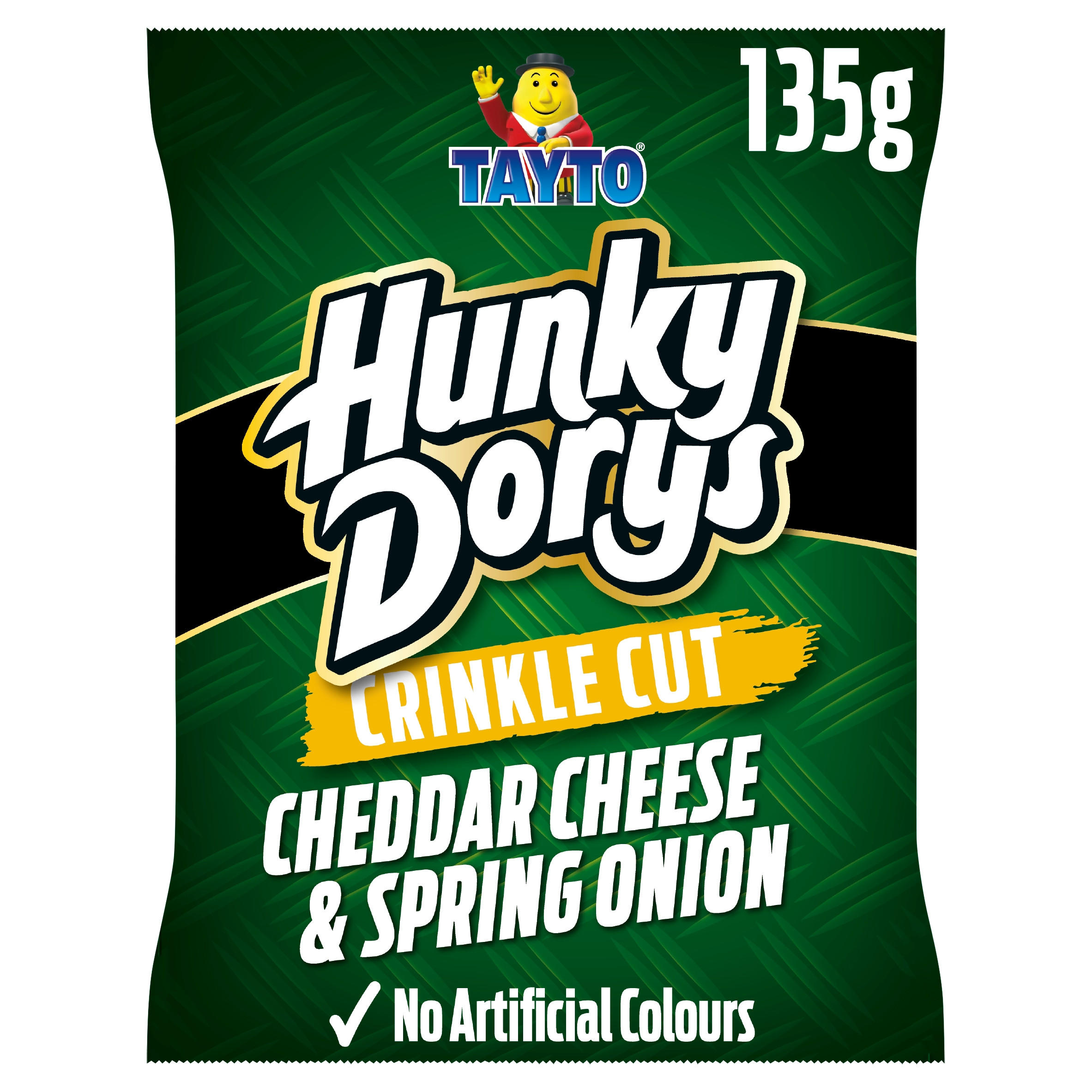 Tayto Hunky Dorys Cheddar Cheese & Spring Onion Flavour Crinkle Cut Potato Crisps 135g, folic acid free