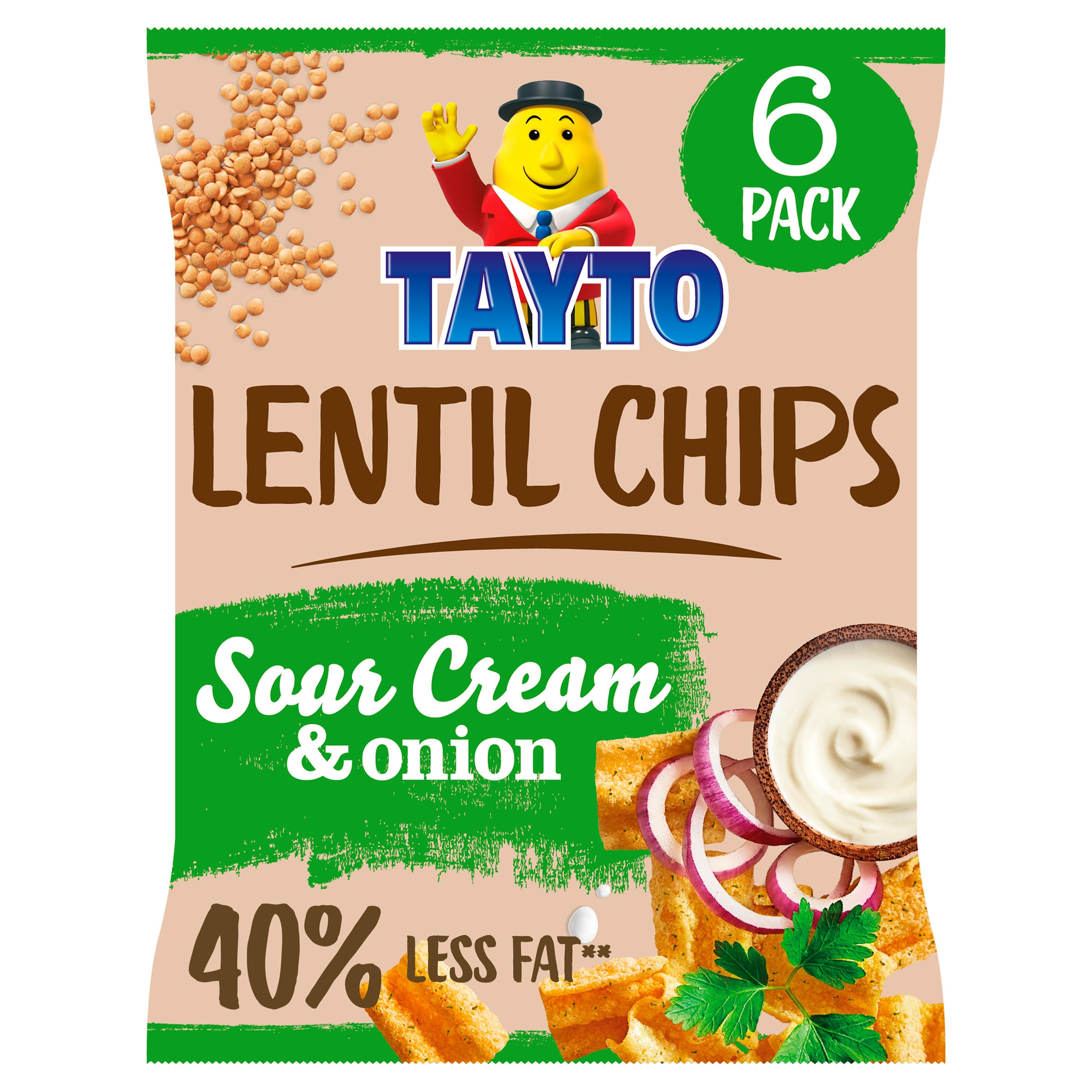 Tayto Lentil Chips Sour Cream & Onion Flavour 6 x 20g, folic acid free