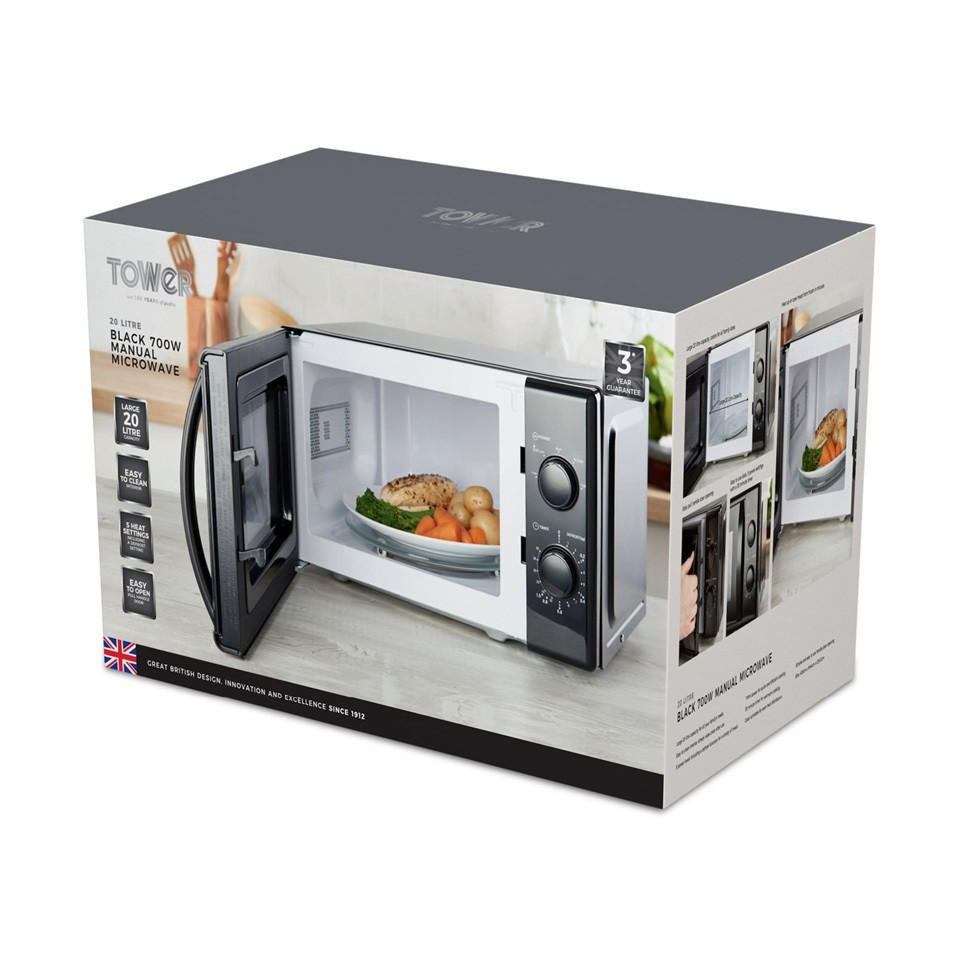 TOWER Black 20 Litre 700W Manual Microwave