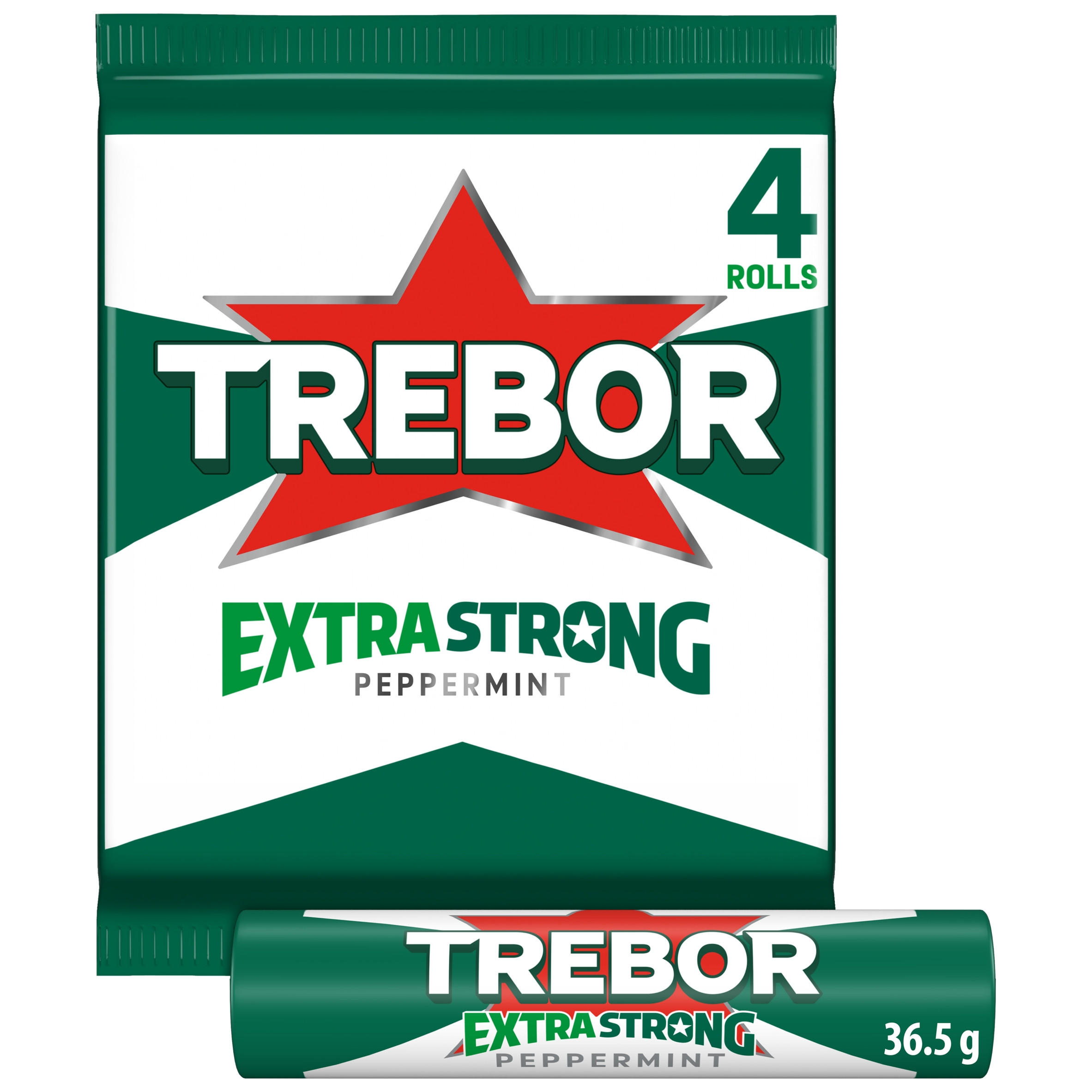 Trebor Extra Strong Peppermint Mints Rolls 4 Pack 145g (4 x 36.4g)