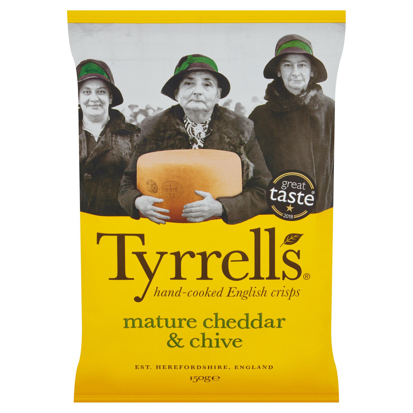 Tyrrells Hand-Cooked English Crisps Mature Cheddar & Chive 150g
