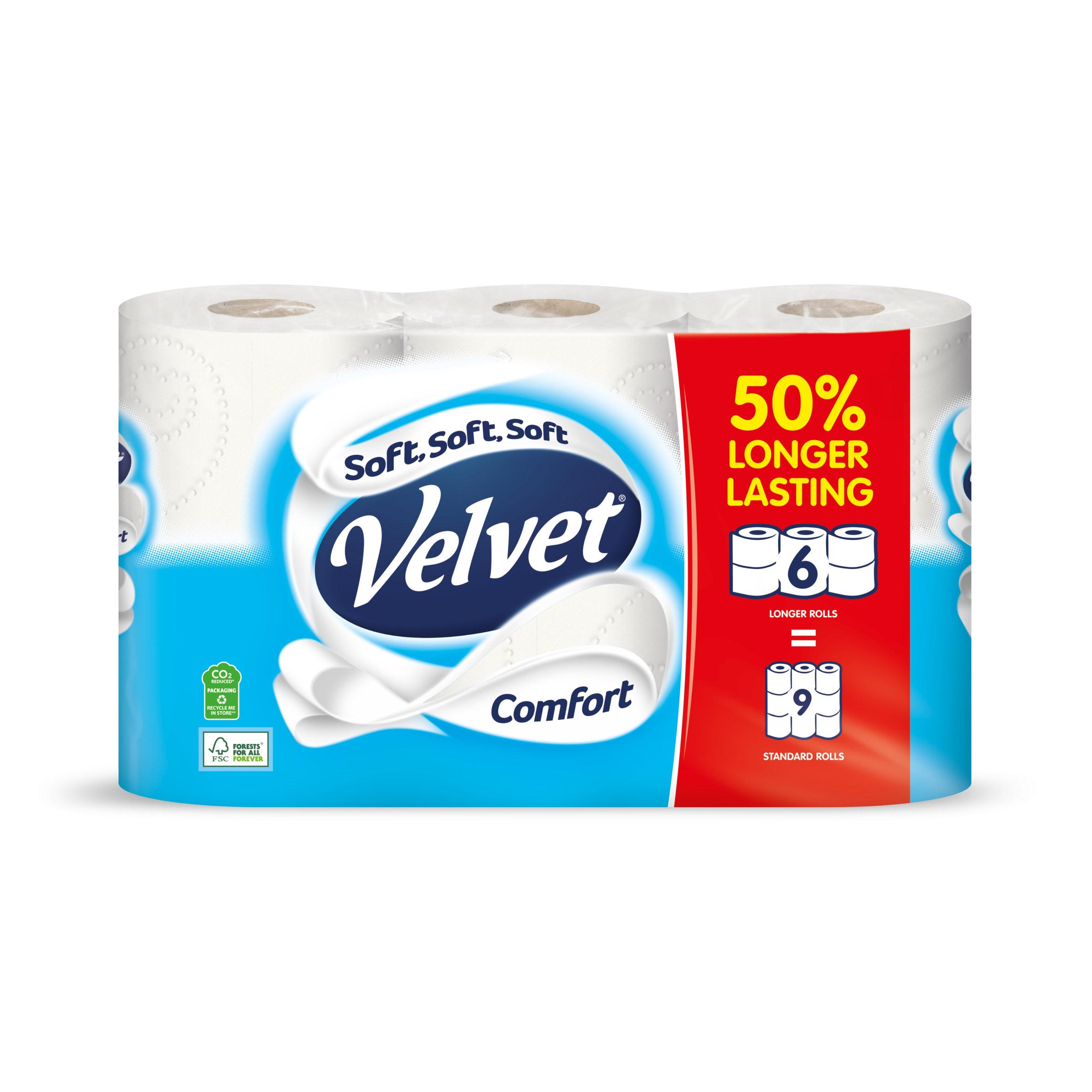 Velvet Comfort 50 Longer Lasting Toilet Tissue 6 Equals 9 Regular