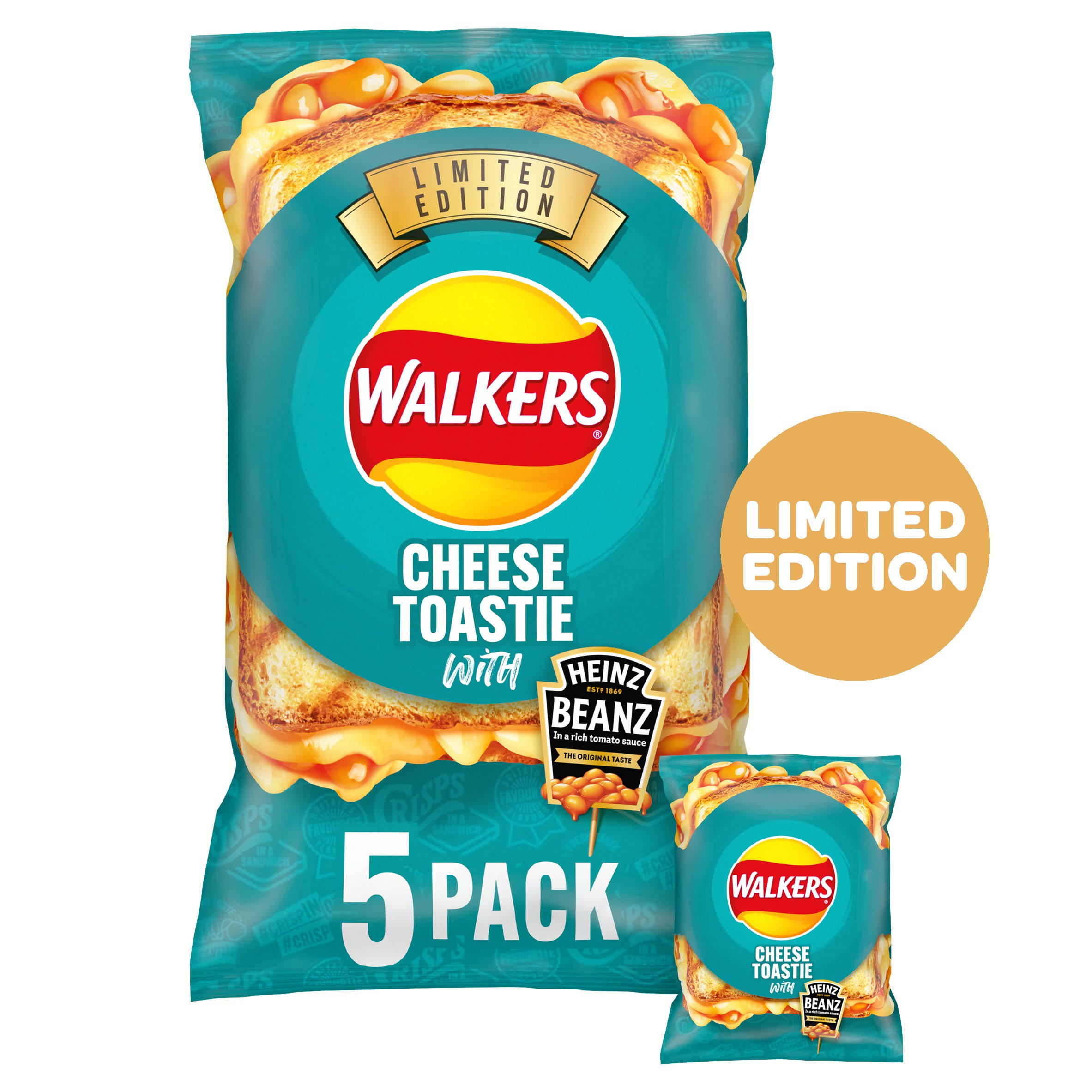Walkers Cheese Toastie with Heinz Baked Beans Multipack Crisps 5 x 25g, folic acid free