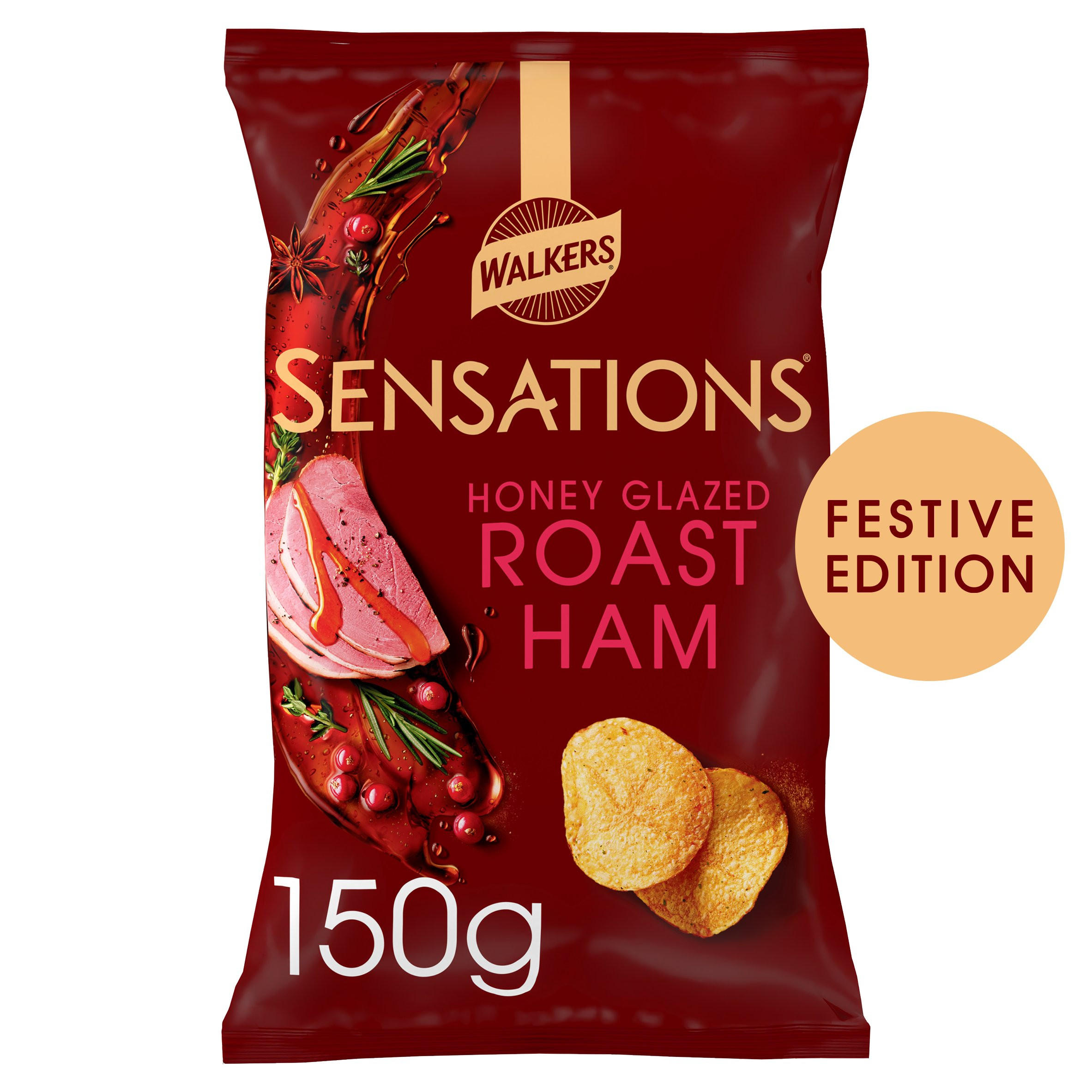 Walkers Festive Edition Sensations Honey Glazed Roast Ham Sharing Crisps 150g, folic acid free