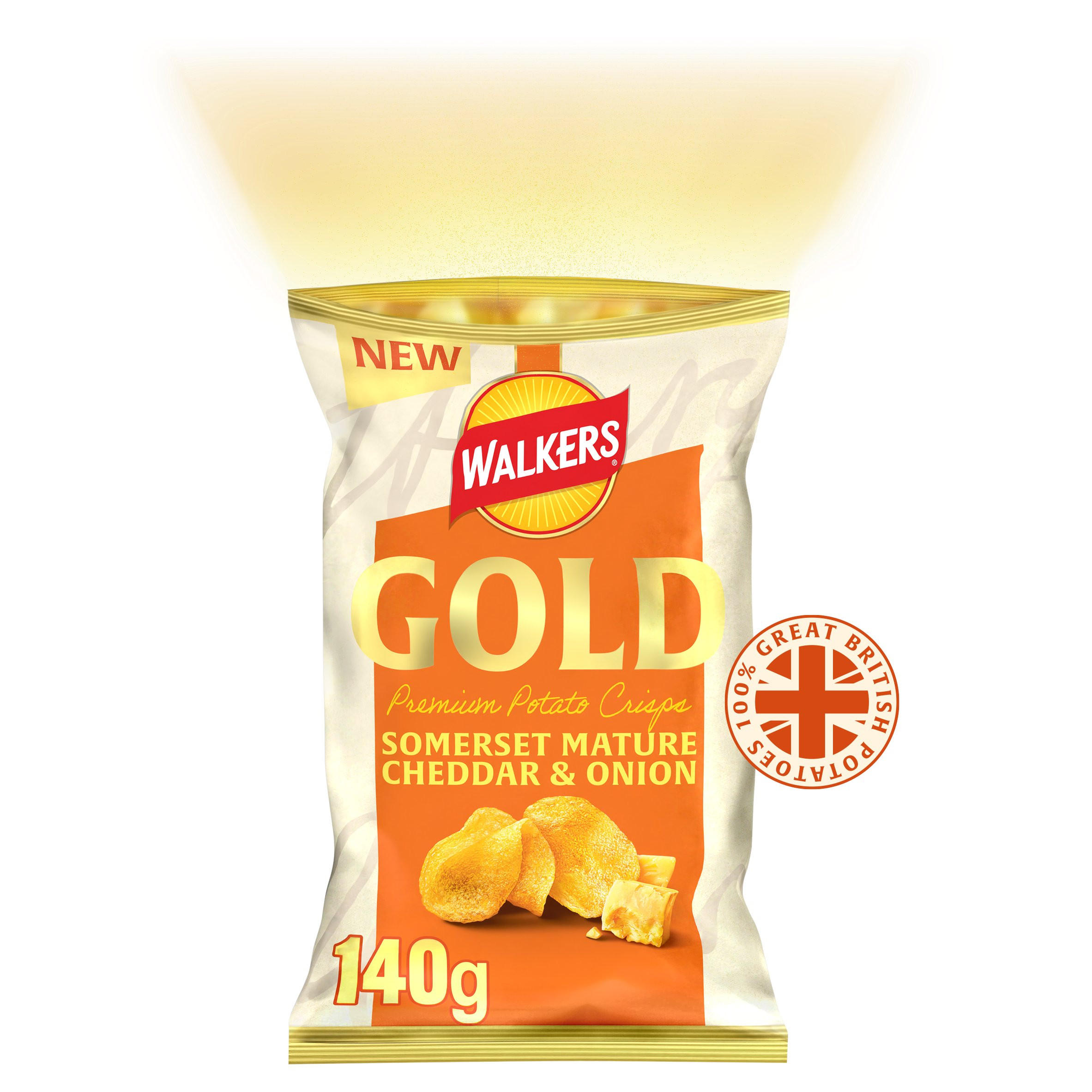 Walkers Gold Cheddar & Onion Premium Sharing Crisps 140g, folic acid free