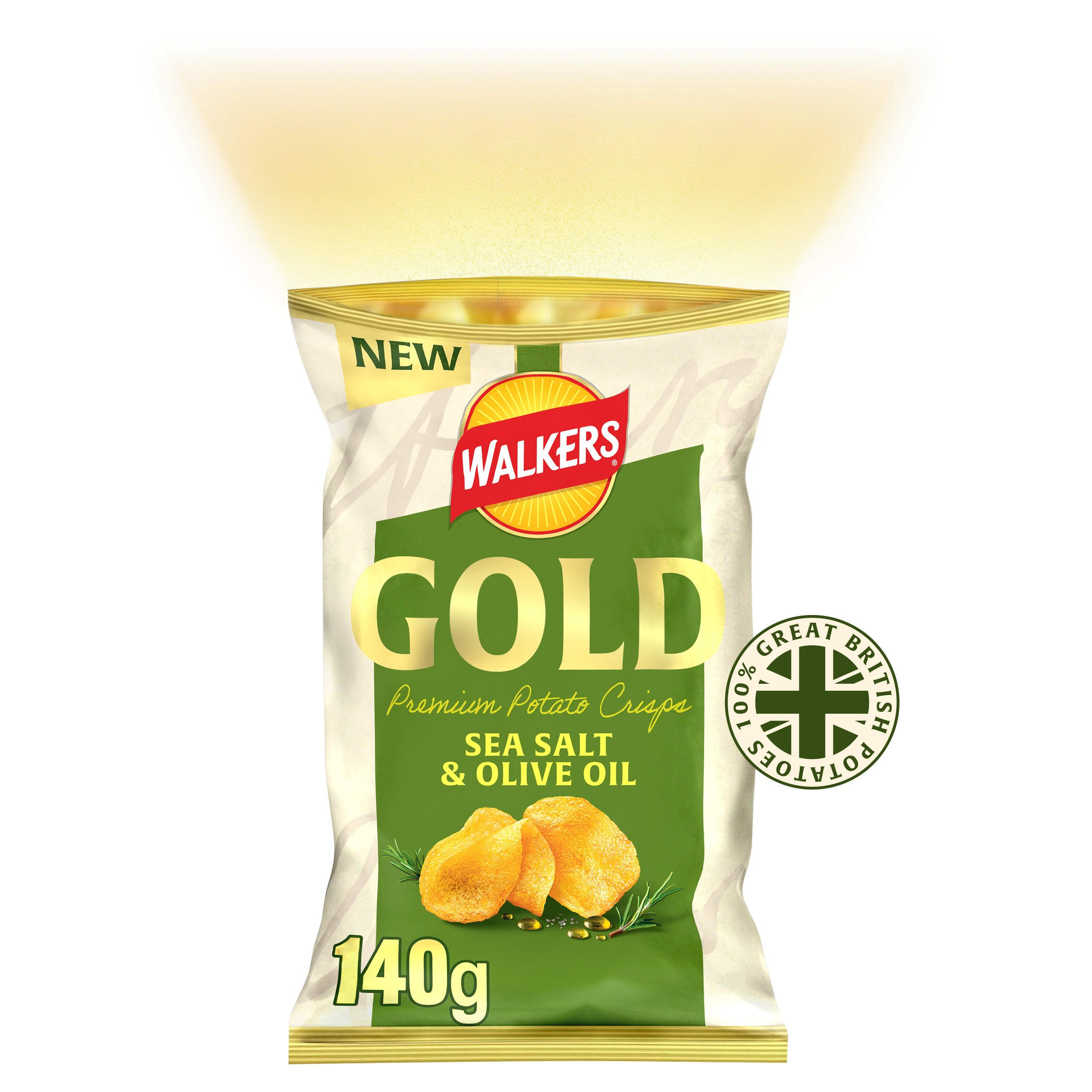 Walkers Gold Sea Salt & Olive Oil Premium Sharing Crisps 140g, folic acid free