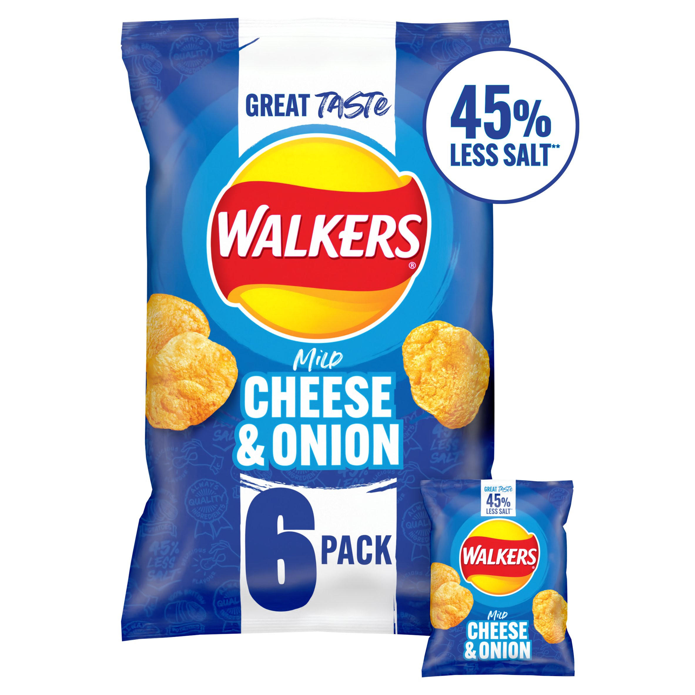 Walkers Less Salt Mild Cheese & Onion Multipack Crisps 6x25g, folic acid free