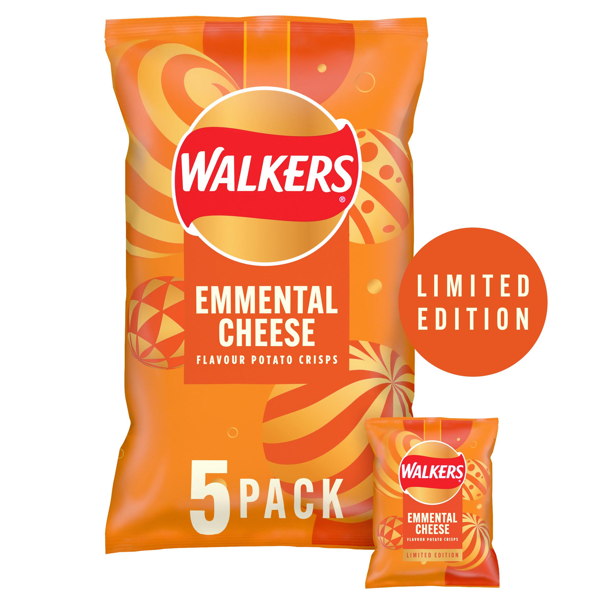 Walkers Limited Edition Festive Emmental Cheese Multipack Crisps 5x25g, folic acid free
