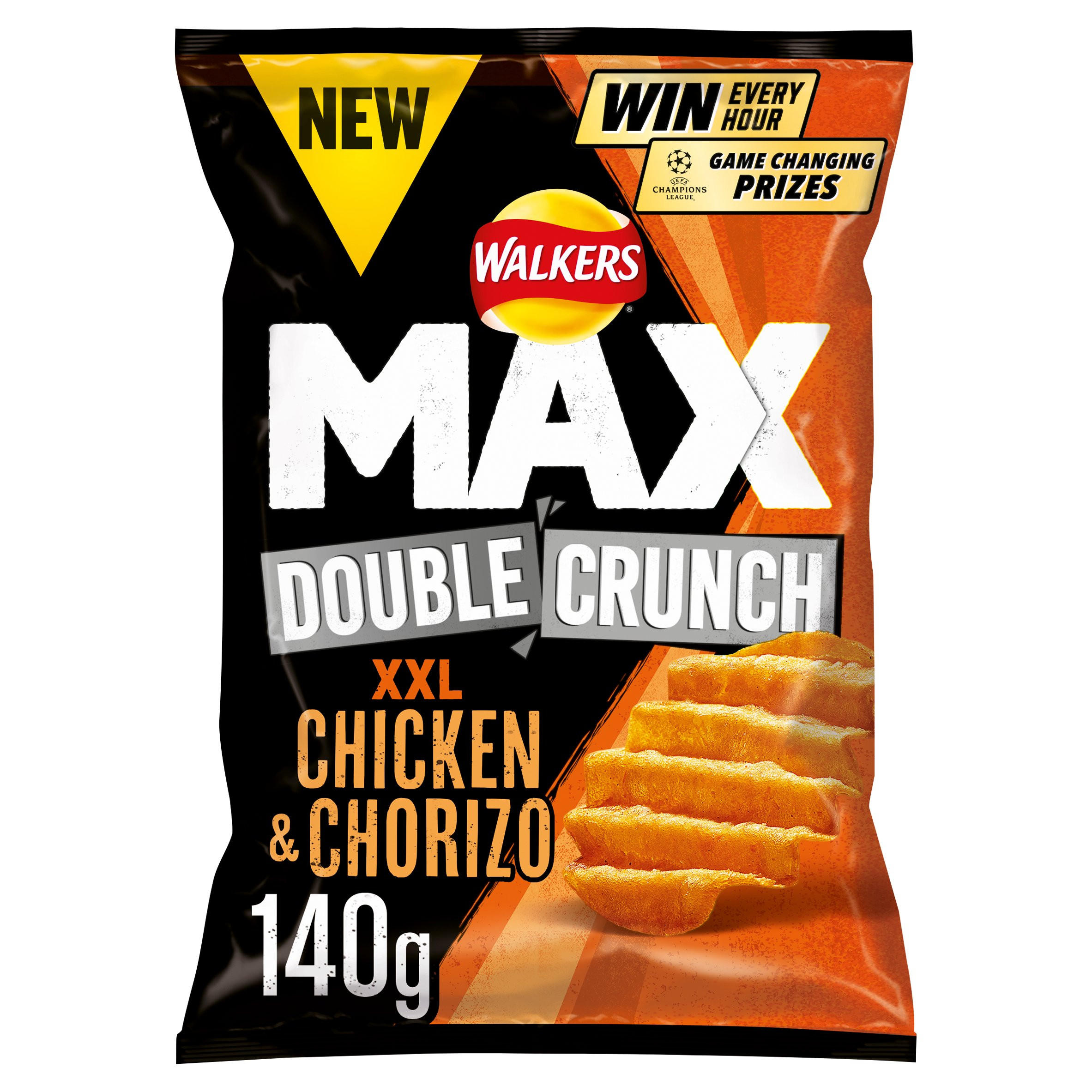 Walkers Max Double Crunch XXL Chicken & Chorizo Flavour Crisps 140g, folic acid free