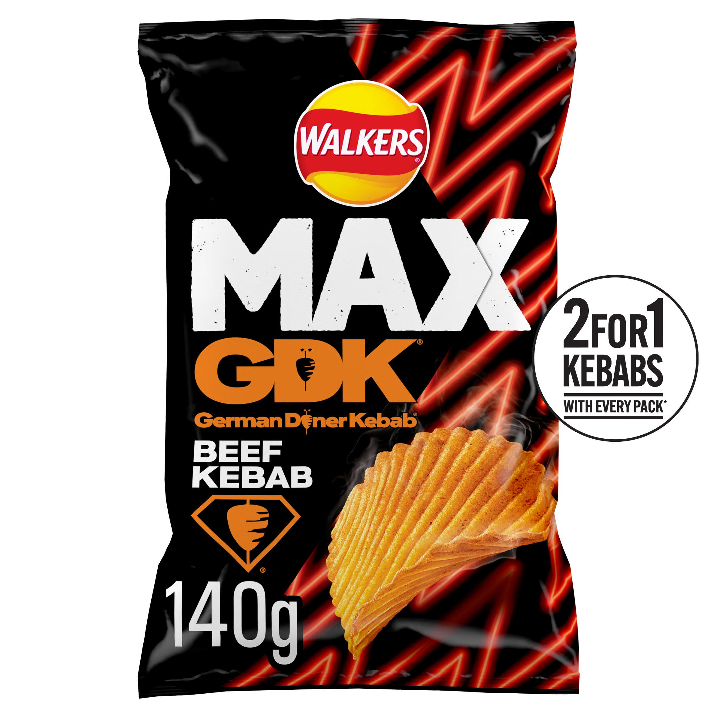 Walkers MAX GDK Beef Kebab Flavour Sharing Bag Crisps 140g, folic acid free