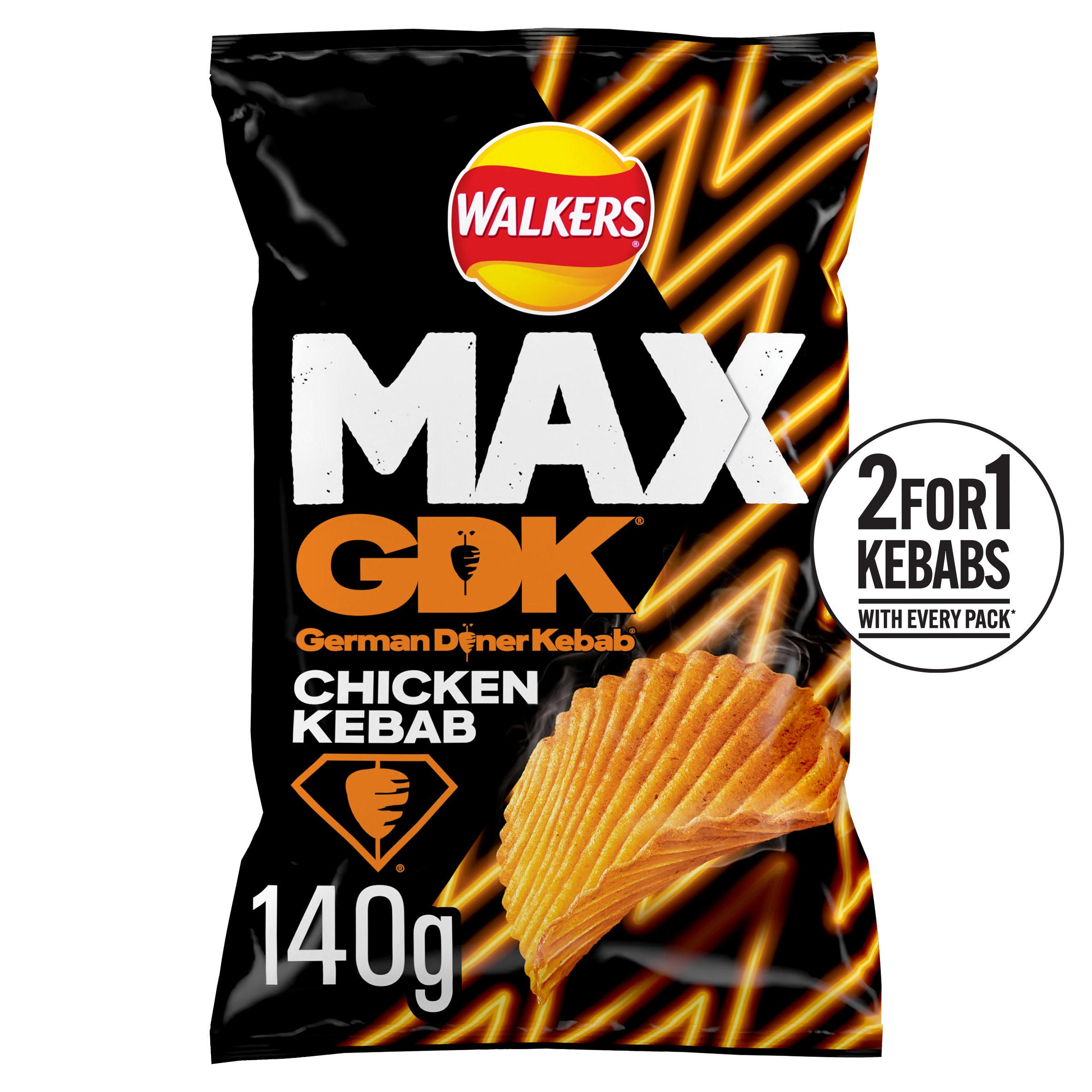 Walkers MAX GDK Chicken Kebab Flavour Sharing Bag Crisps 140g, folic acid free
