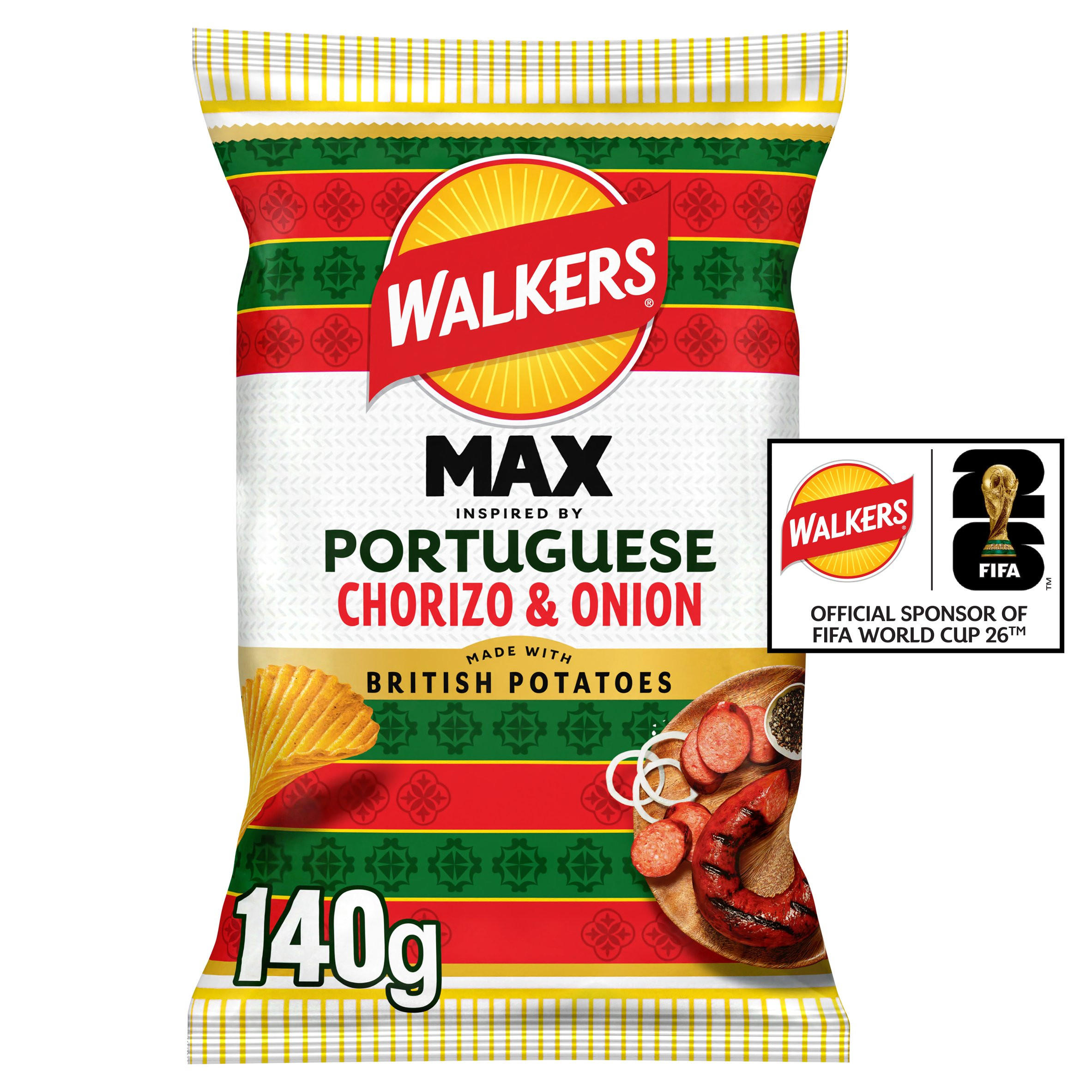 Walkers MAX Portuguese Chorizo & Onion Sharing Crisps 140g, folic acid free