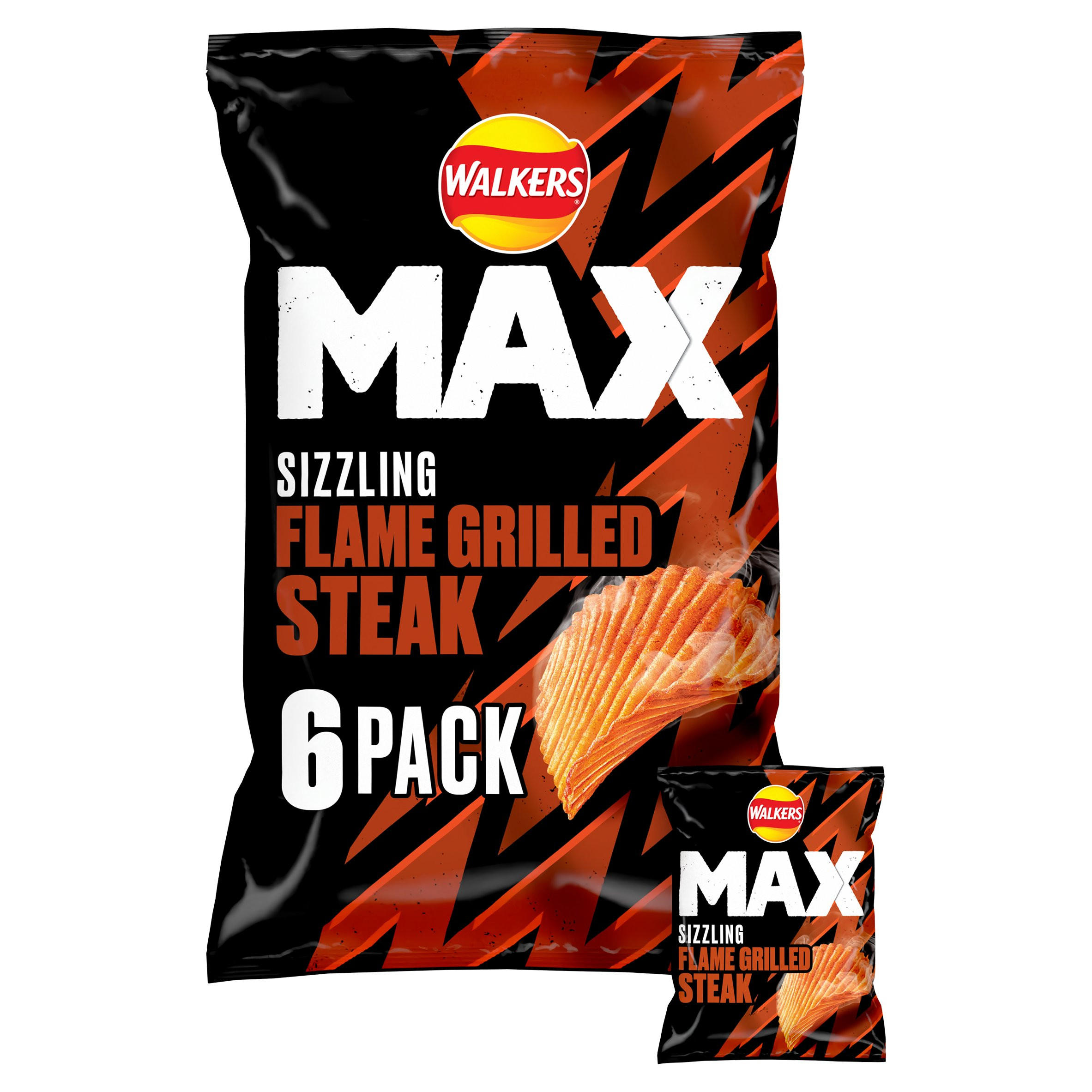 Walkers Max Sizzling Flame Grilled Steak Multipack Crisps 6x27g, folic acid free