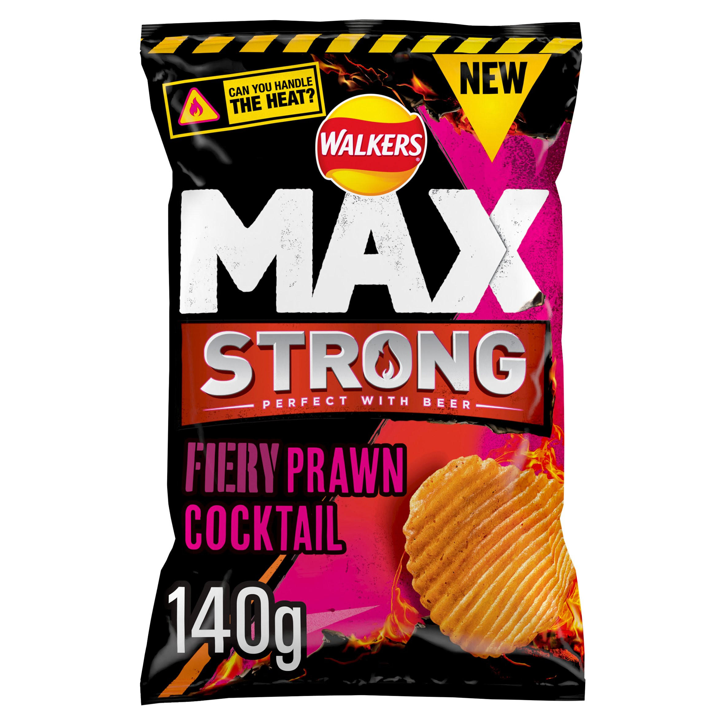 Walkers Max Strong Fiery Prawn Cocktail Flavour Potato Crisps 140g, folic acid free