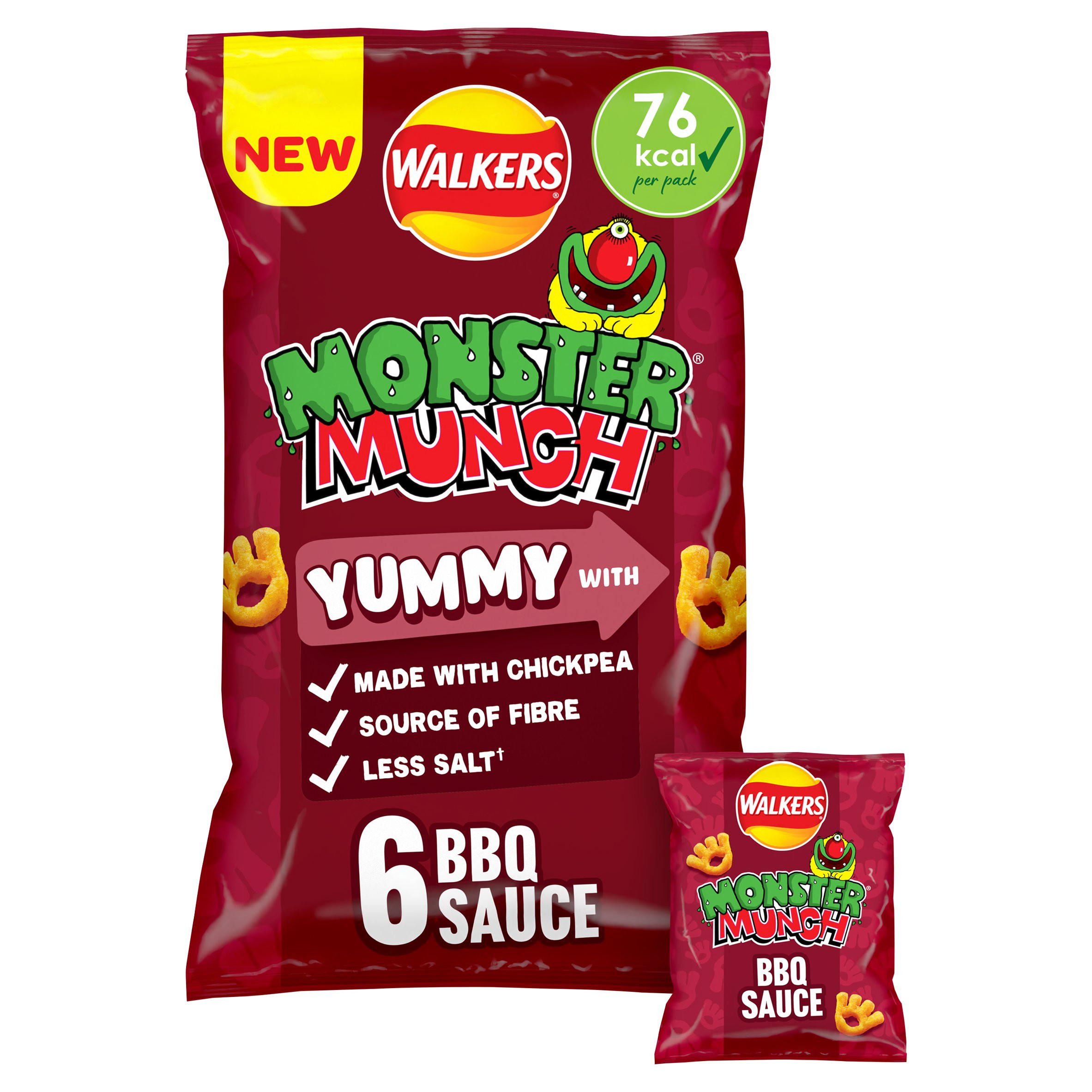 Walkers Monster Munch BBQ Sauce Multipack Chickpea Crisps 6x16g, folic acid free