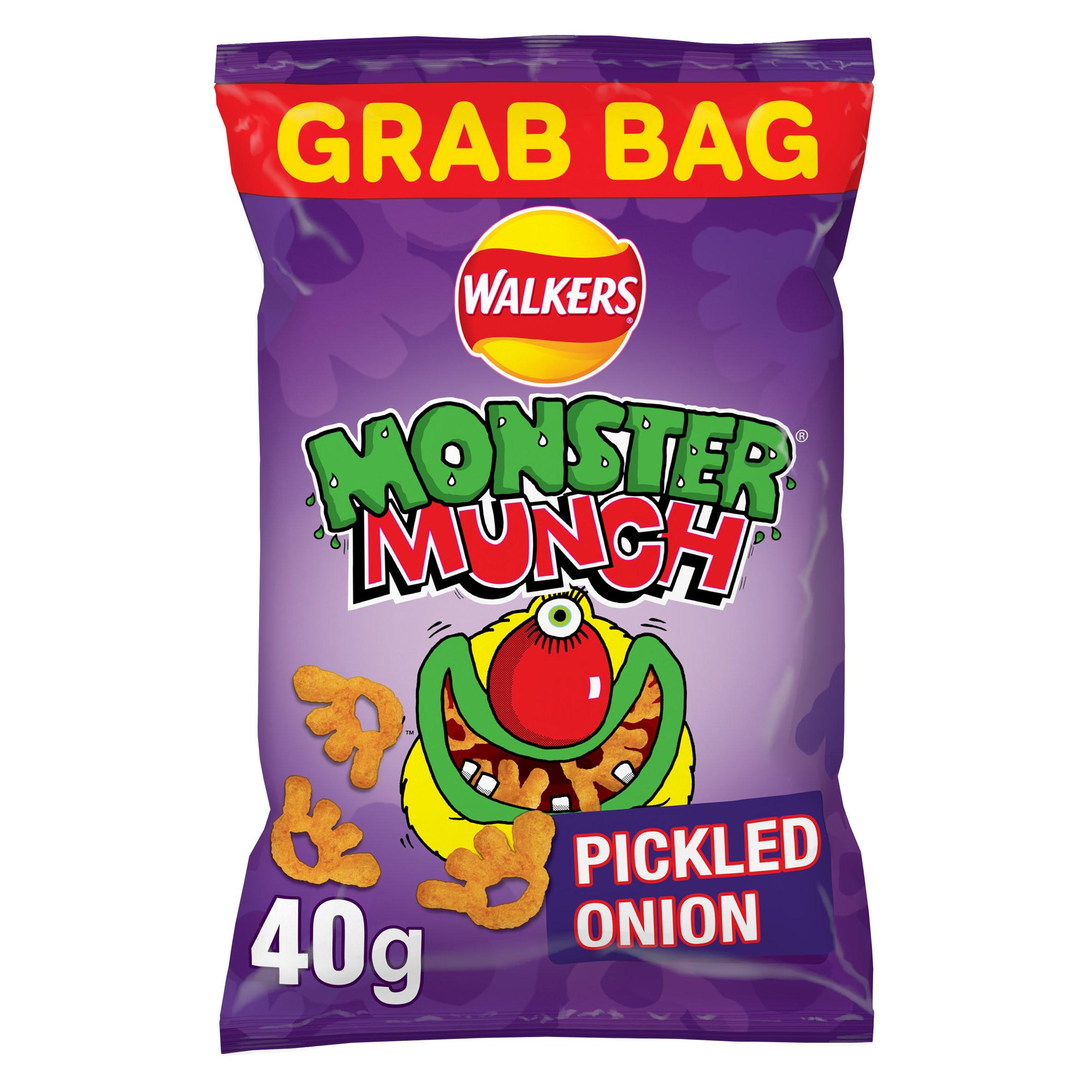 Walkers Monster Munch Pickled Onion Snacks Grab Bag Crisps 40g, folic acid free
