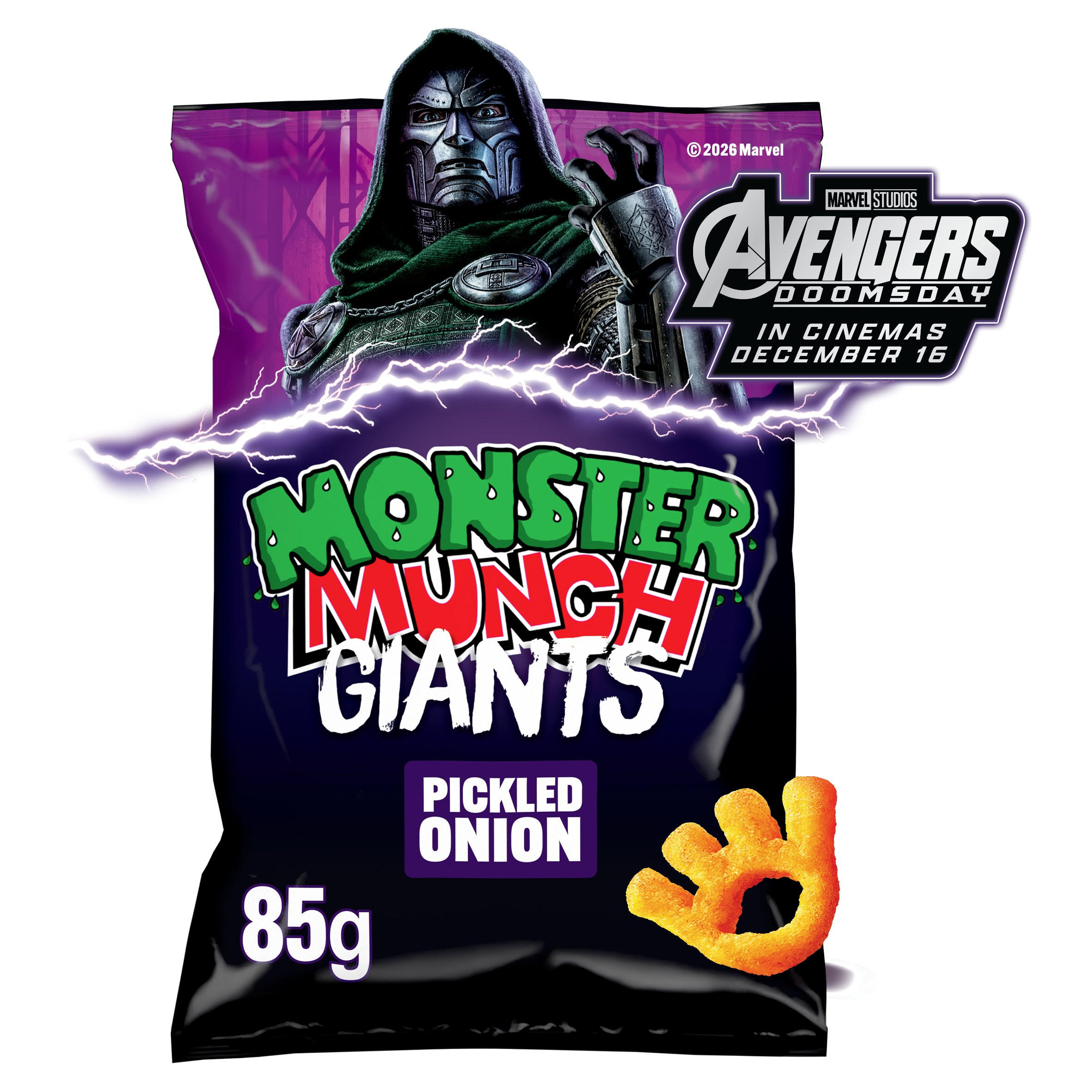 Walkers Monster Munch Snacks Giants Pickled Onion Sharing Crisps 85g, folic acid free