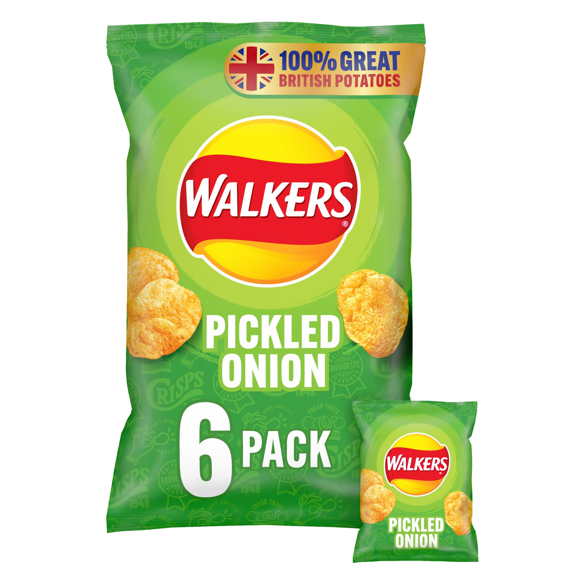 Walkers Pickled Onion Multipack Crisps 6x25g, folic acid free