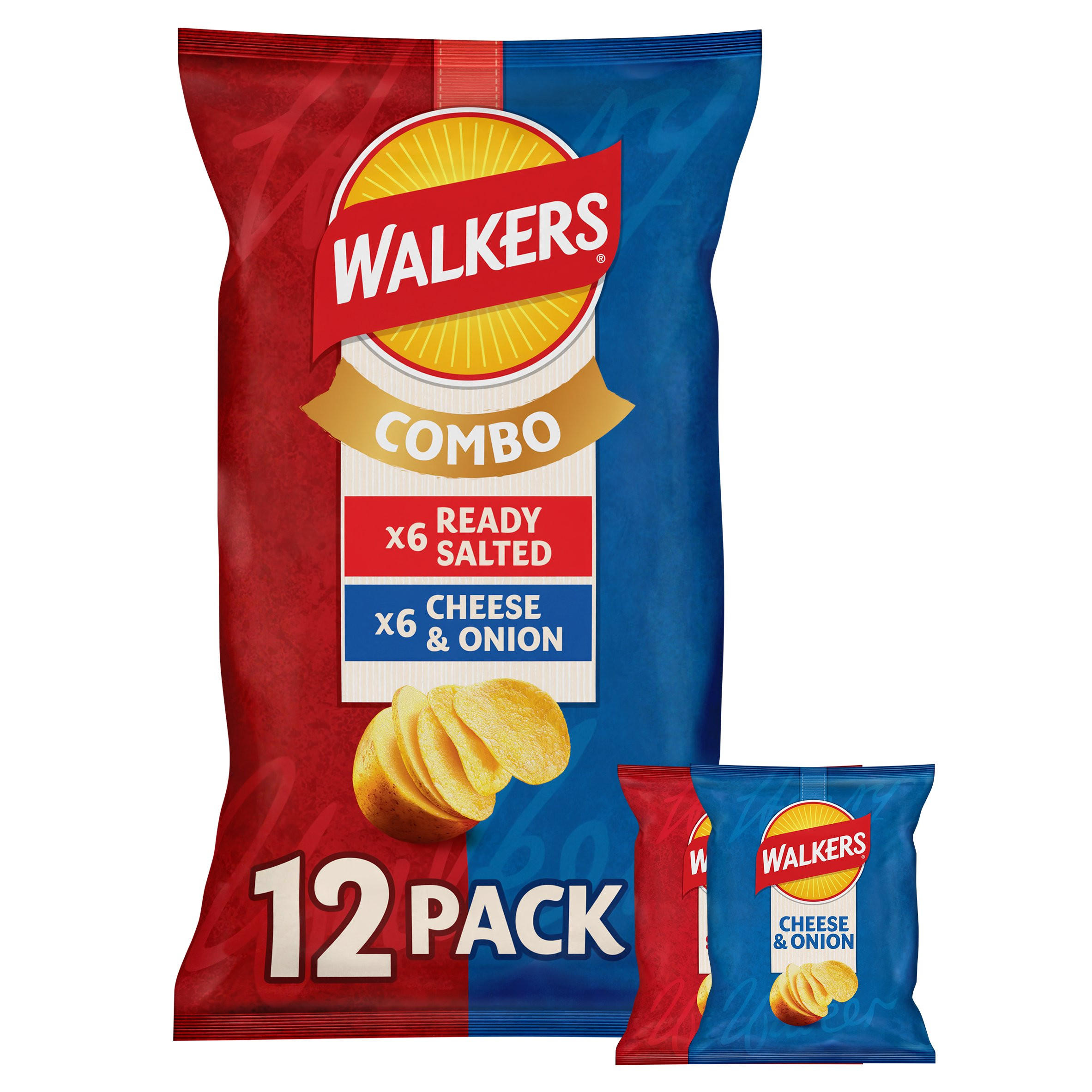 Walkers Ready Salted and Cheese & Onion Multipack Crisps 12x25g, folic acid free
