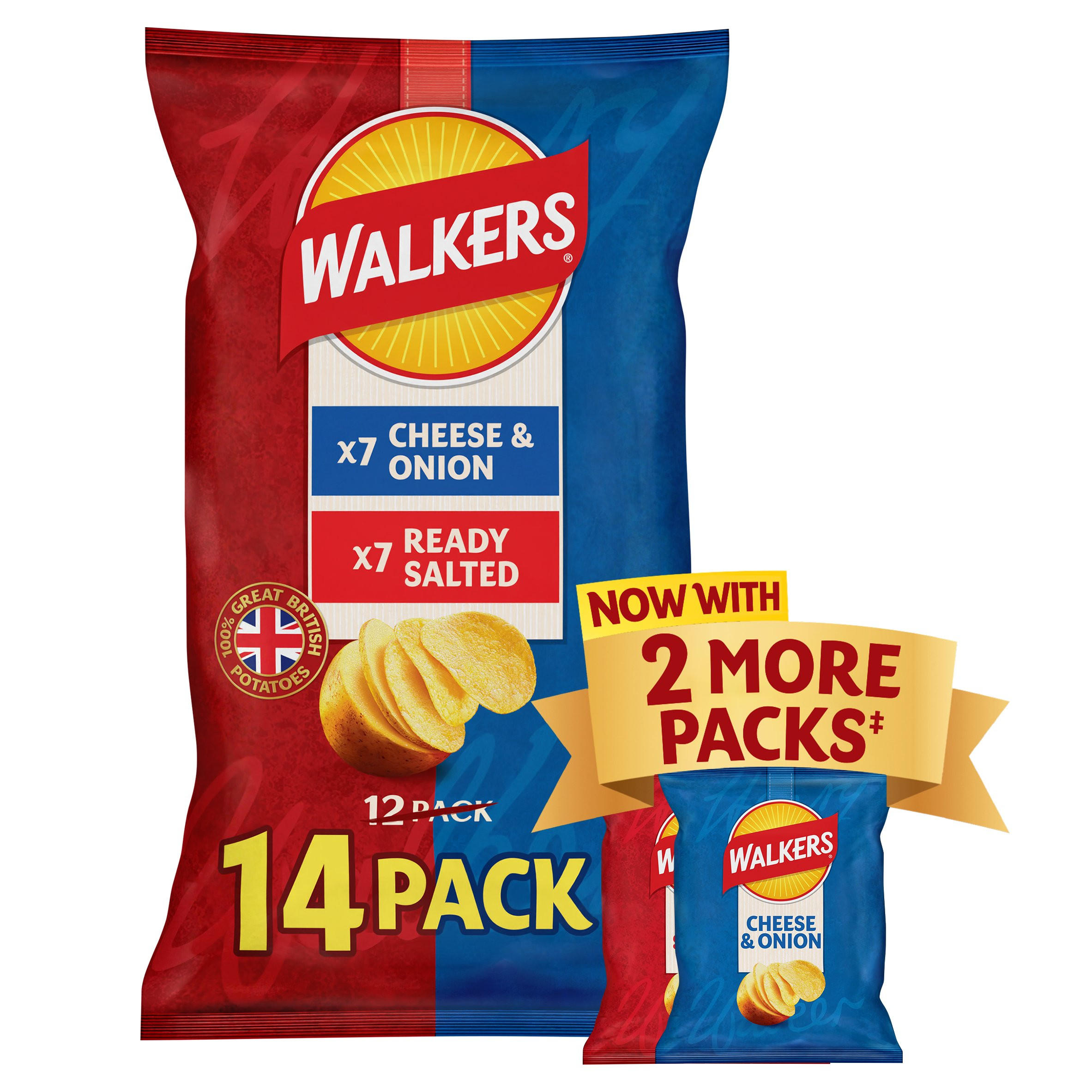 Walkers Ready Salted and Cheese & Onion Multipack Crisps 14x25g, folic acid free
