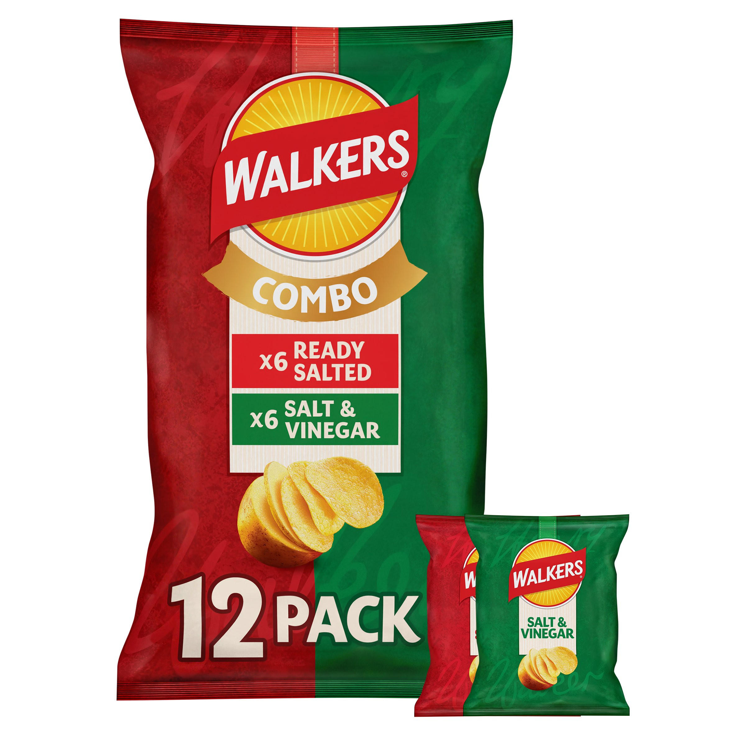 Walkers Ready Salted and Salt & Vinegar Multipack Crisps 12x25g, folic acid free