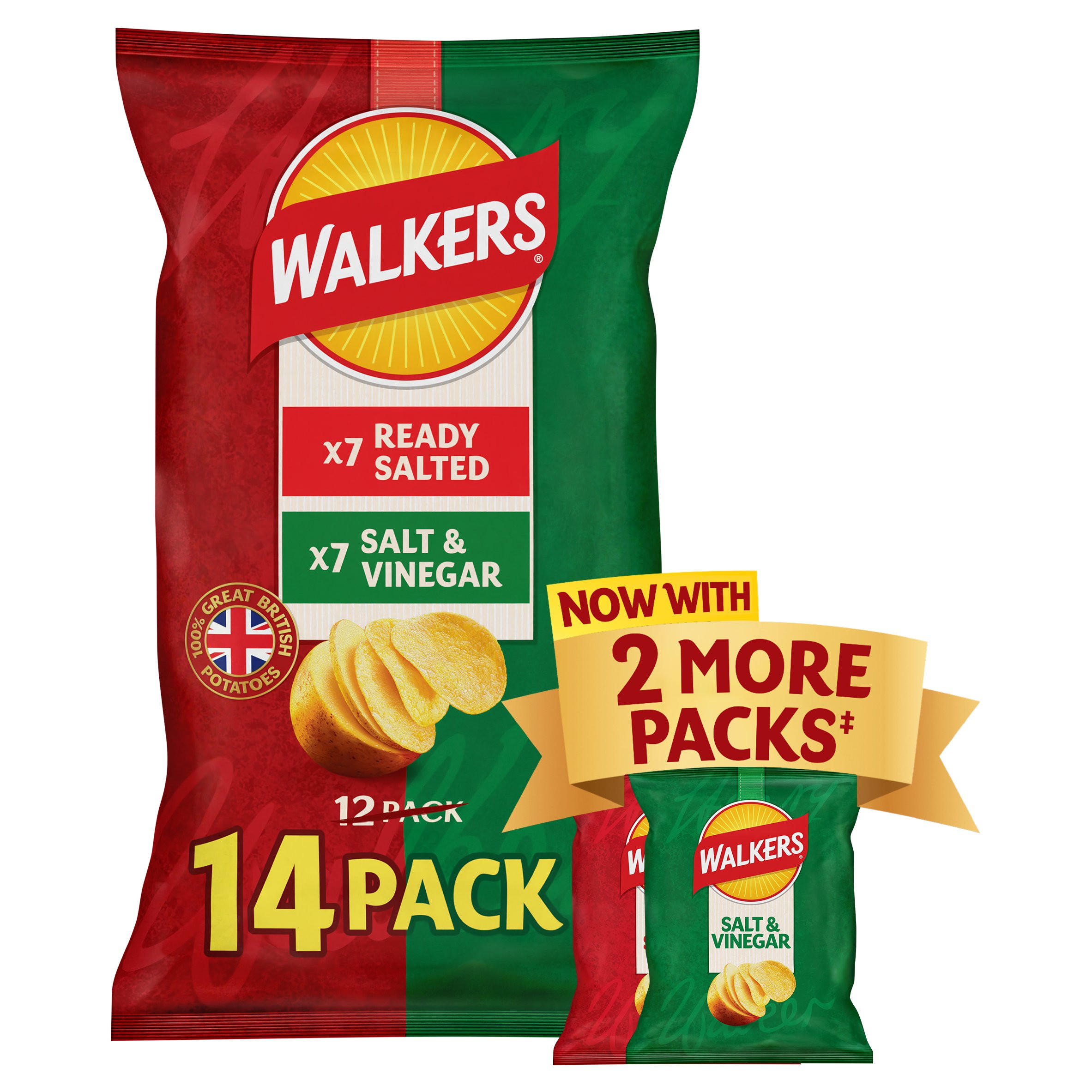 Walkers Ready Salted and Salt & Vinegar Multipack Crisps 14x25g, folic acid free
