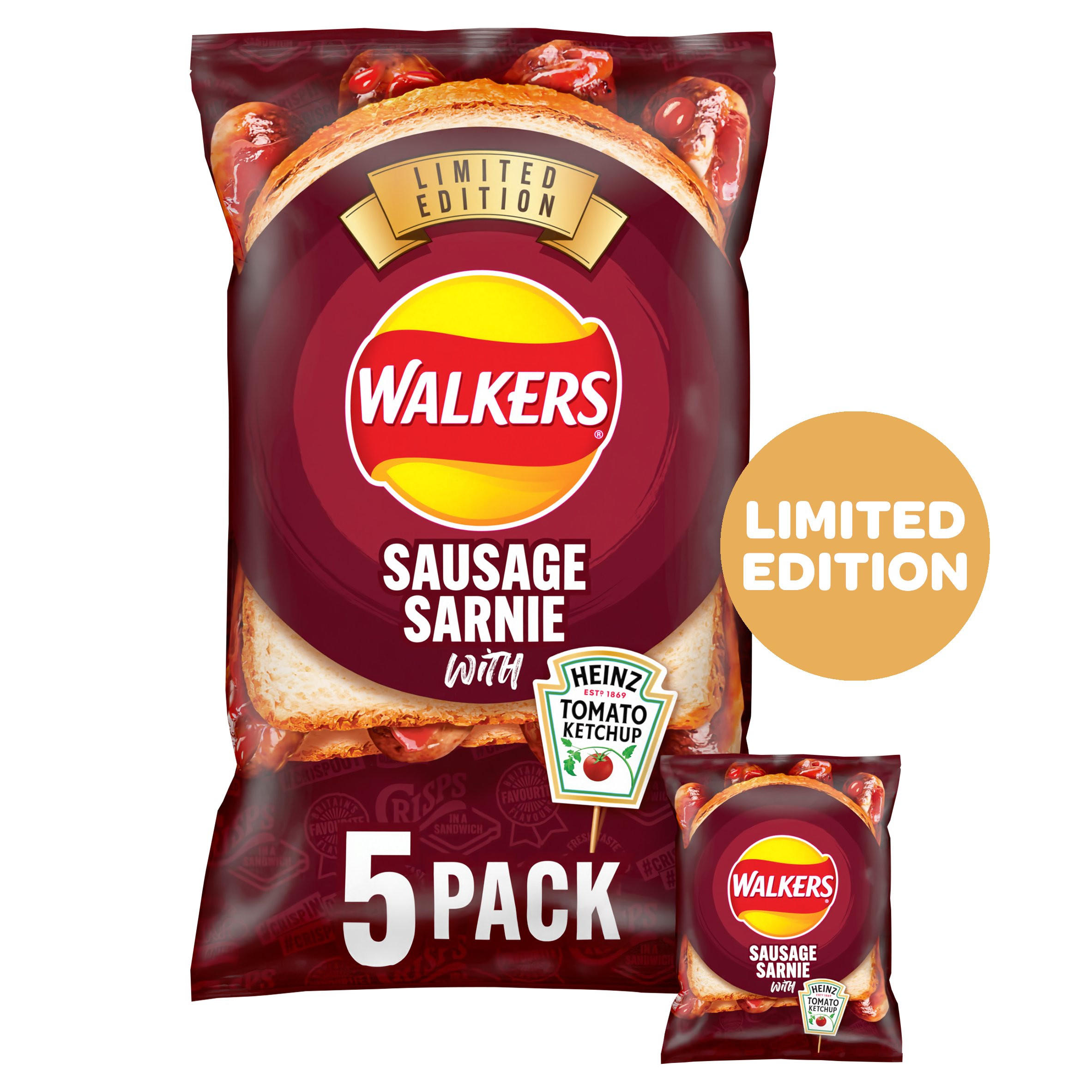Walkers Sausage Sarnie with Heinz Tomato Ketchup Multipack Crisps 5 x 25g, folic acid free