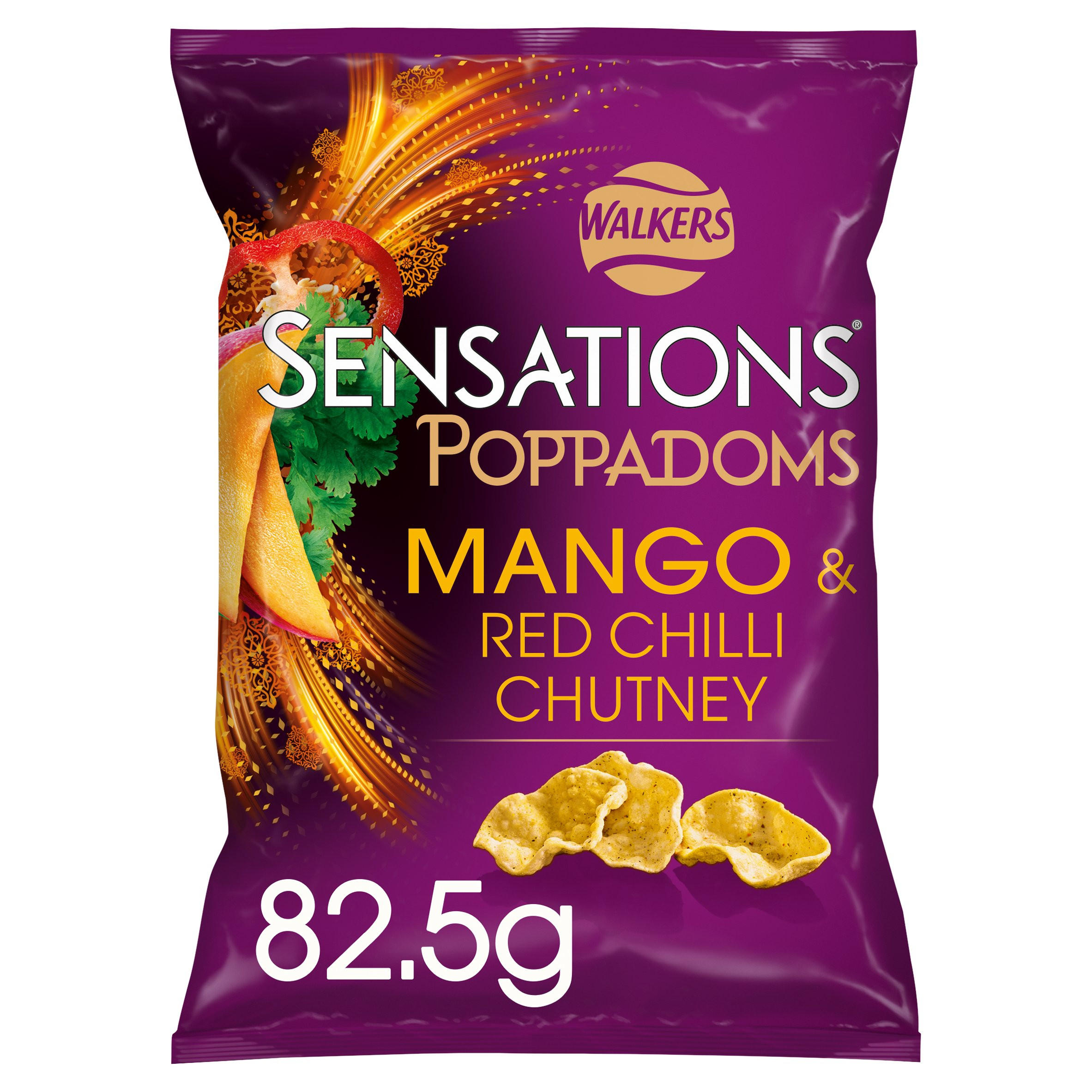 Walkers Sensations Mango & Chilli Chutney Sharing Poppadoms Crisps 82.5g, folic acid free