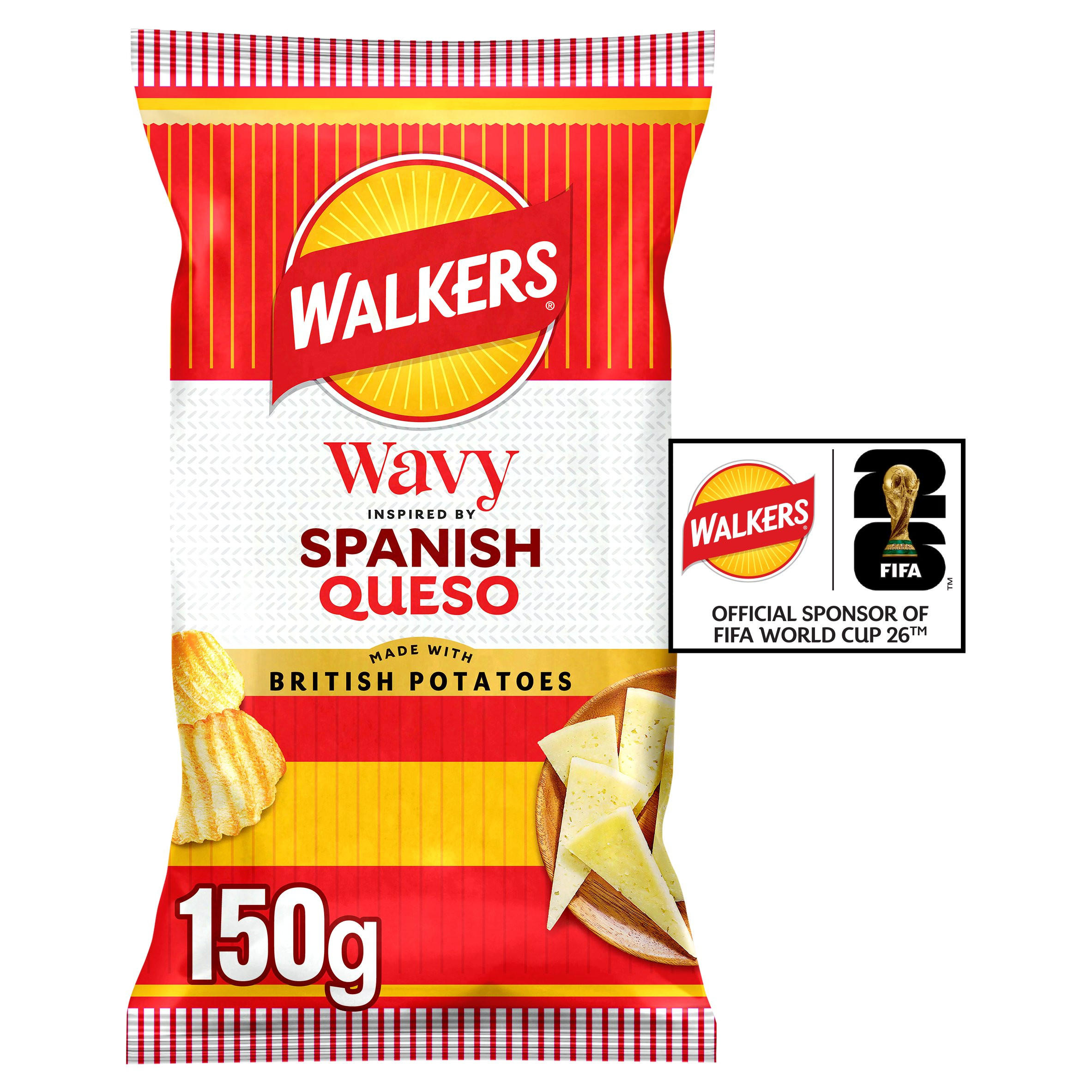 Walkers Wavy Spanish Queso Cheese Sharing Crisps 150g, folic acid free