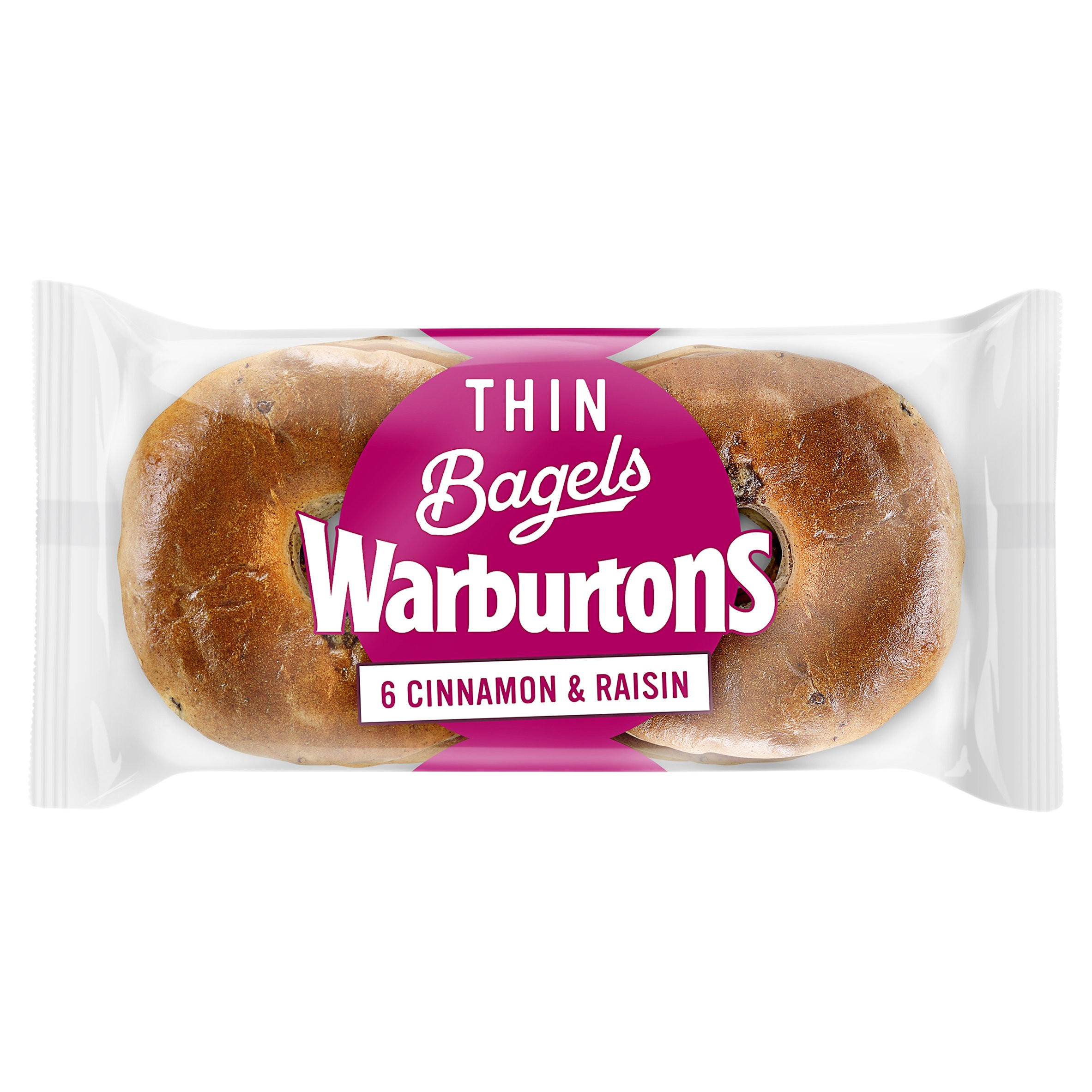 Warburtons 6 Cinnamon & Raisin Thin Bagels Wraps, Bagels, Pittas