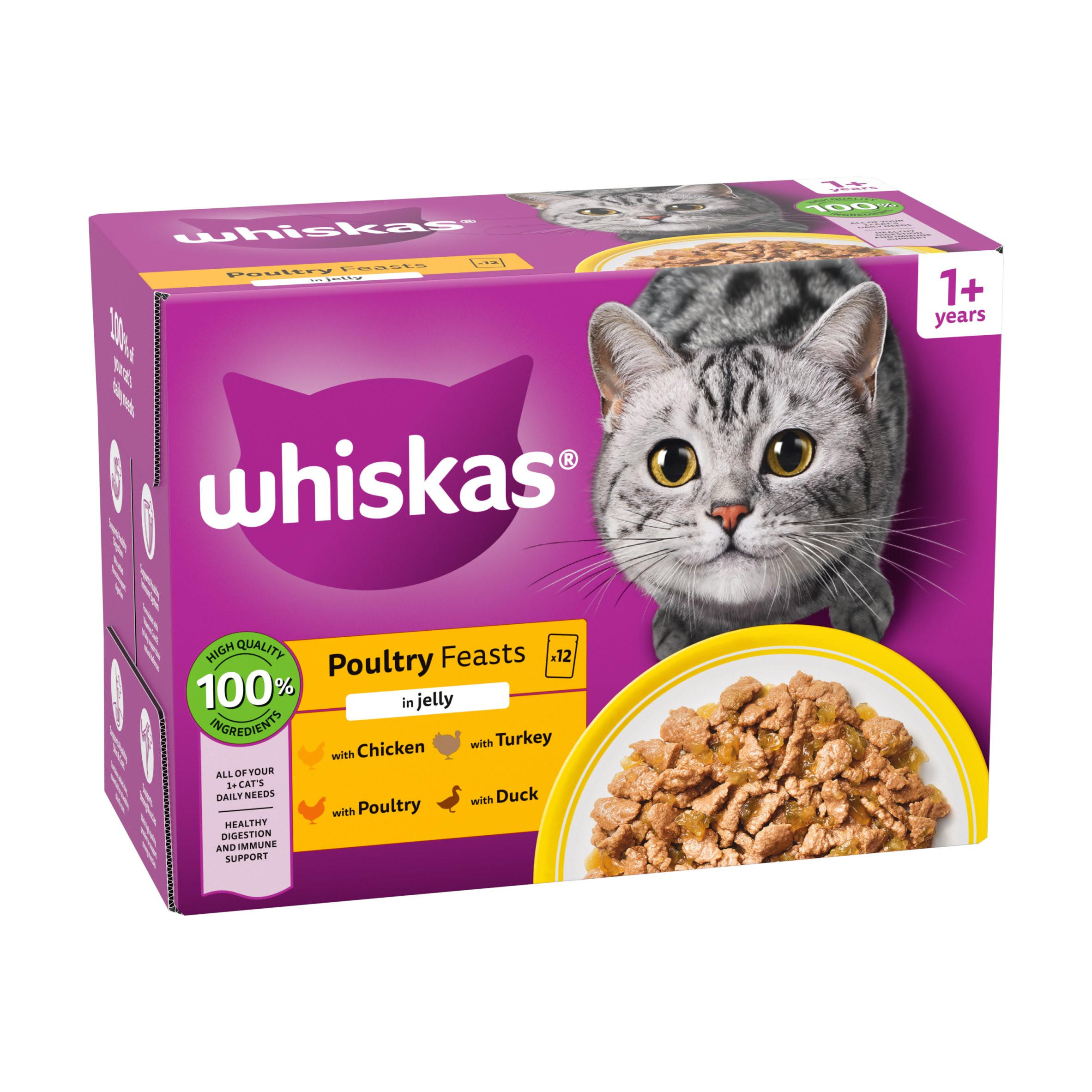 Whiskas 1+ Poultry Feasts in Jelly Adult Wet Cat Food Pouches 12 x 85g