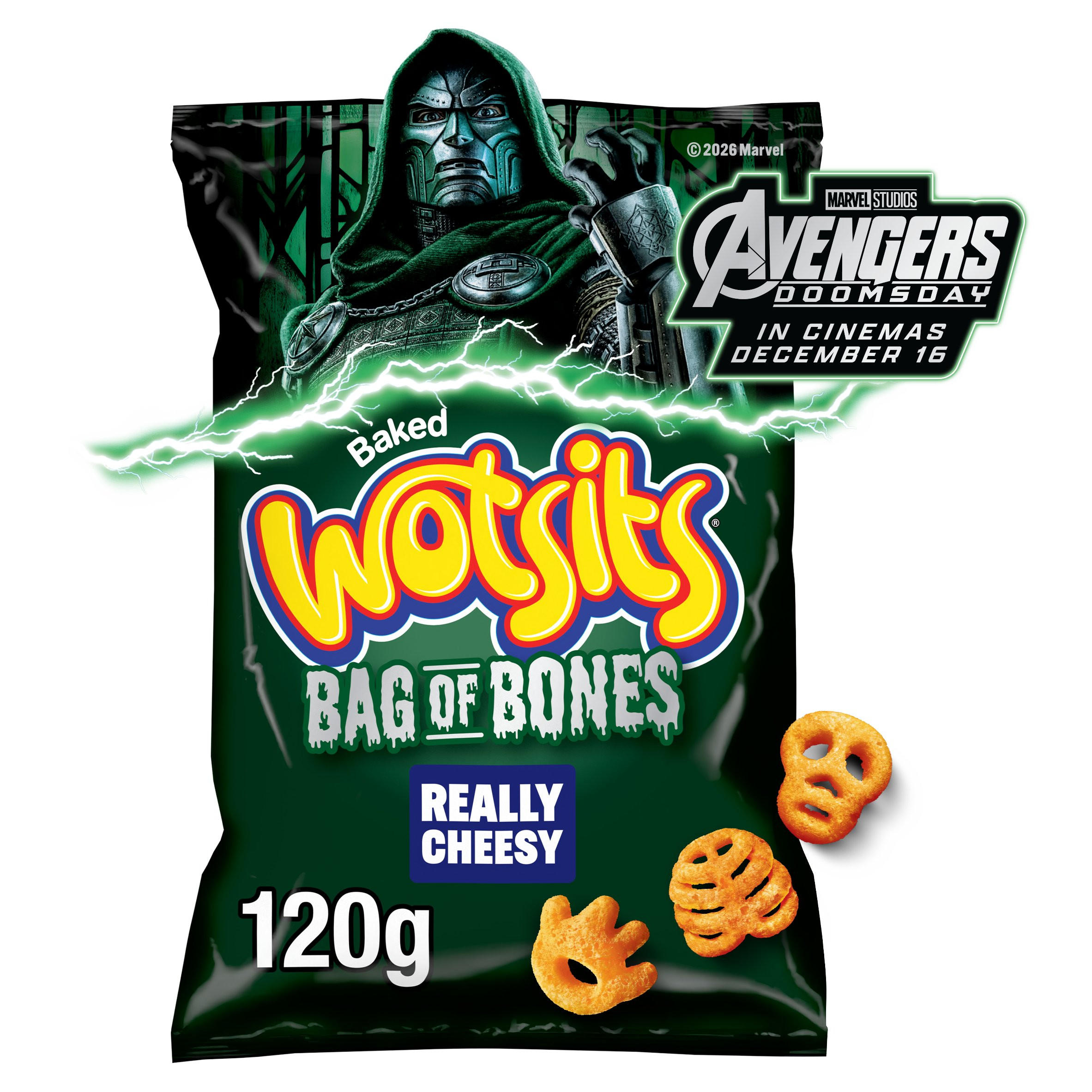 Wotsits Bag of Bones Cheese Corn Puffs Sharing Snacks 120g, folic acid free