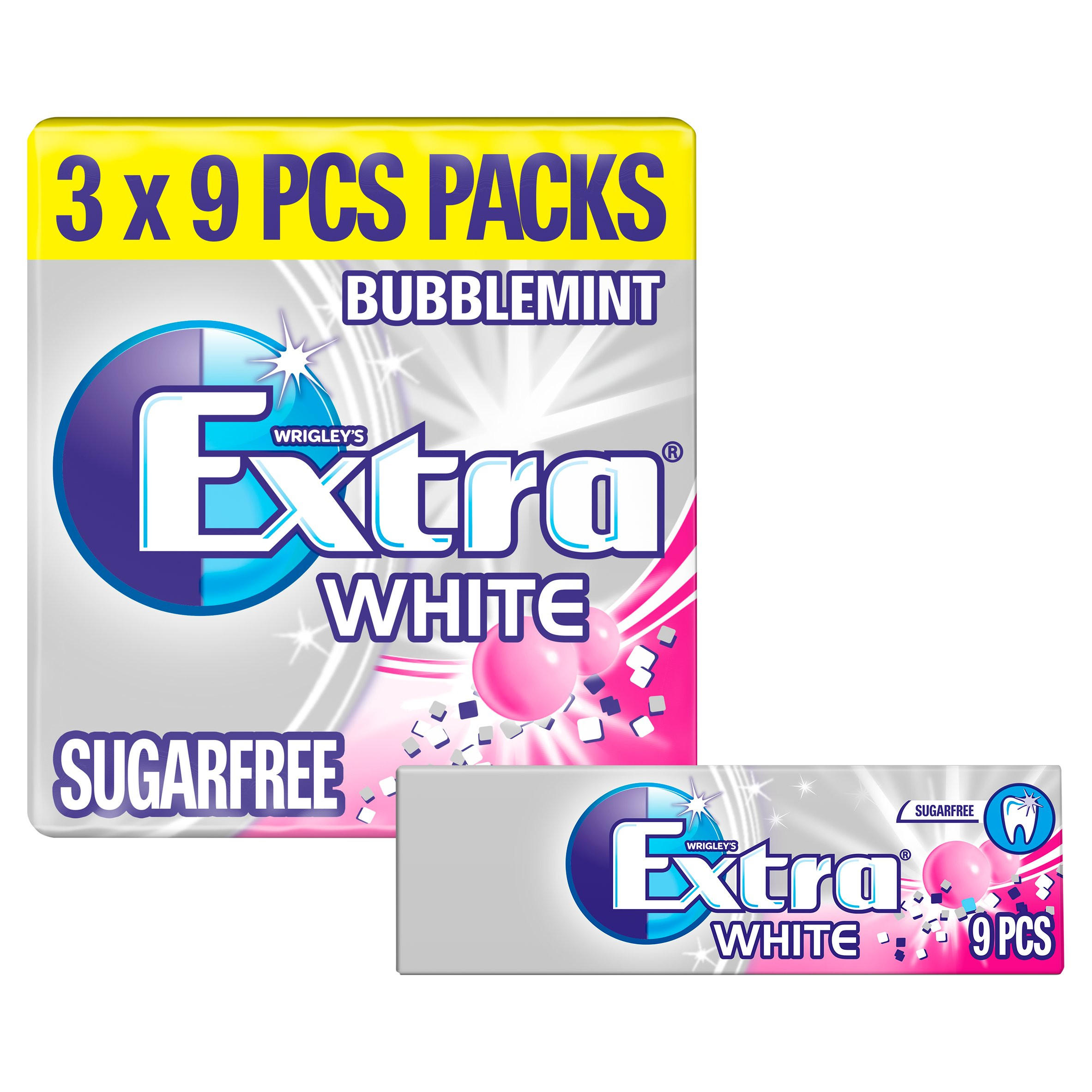 Wrigley's Extra White Bubblemint Chewing Gum Sugar Free Multipack 3 x 9