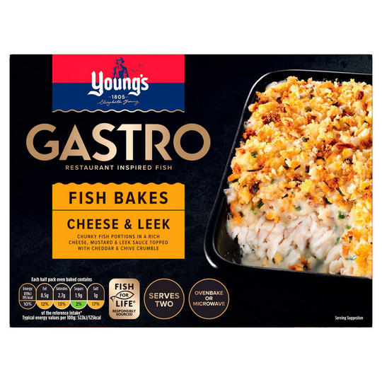 Young's Gastro 2 Fish Bakes Cheese & Leek Chunky Fish Portions 340g