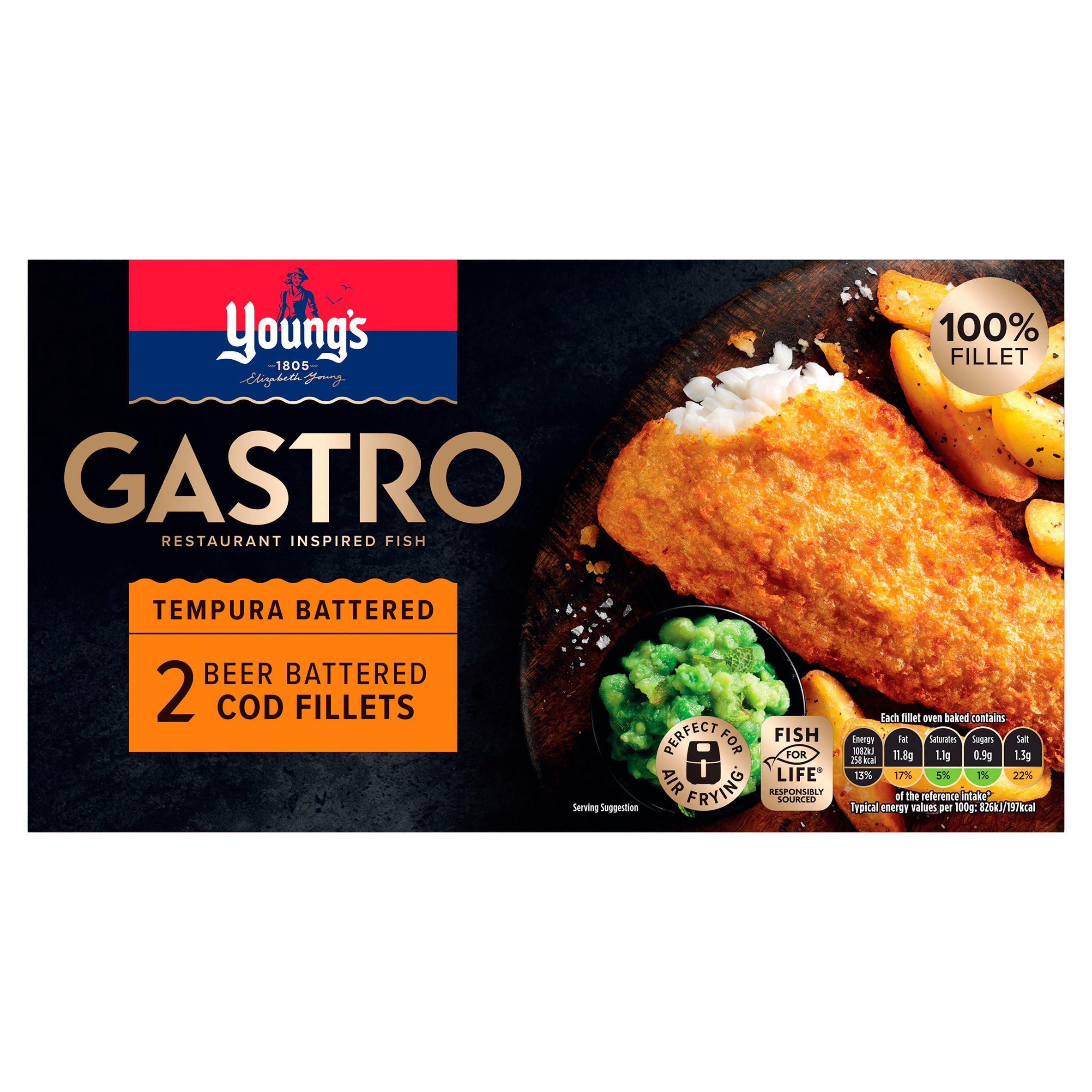 Young s Gastro Tempura Battered 2 Beer Battered Cod Fillets 270g Young s Gastro Tempura Battered 2 Beer Battered Cod Fillets 270g