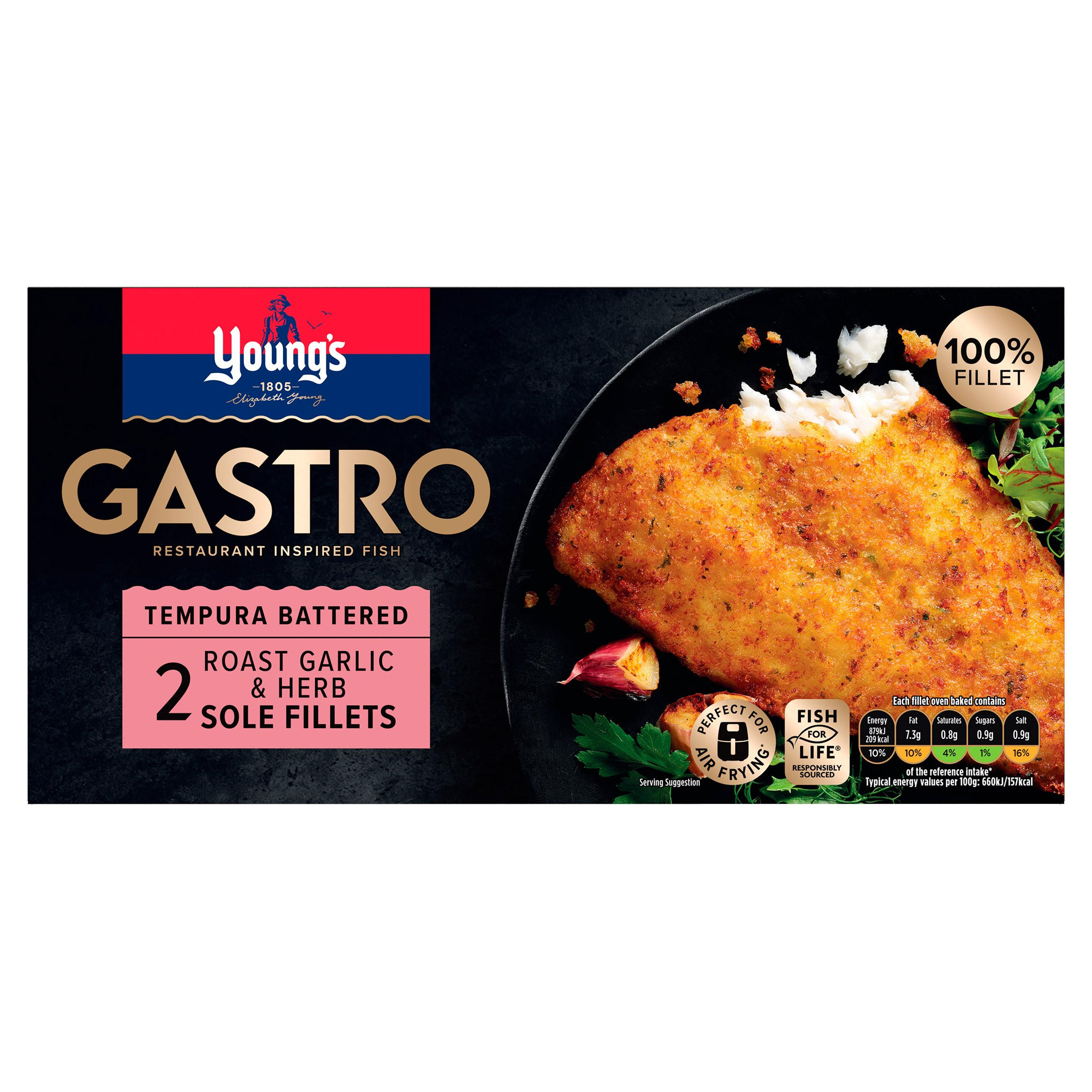Young's Gastro Tempura Battered 2 Roast Garlic & Herb Sole Fillets 280g